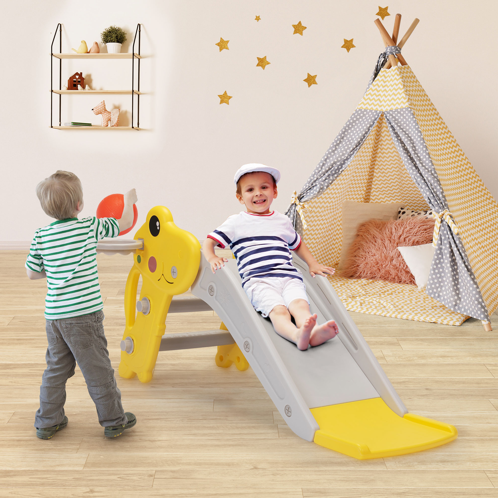 Kadyne 3 in 1 Toddler Slide Kids Slide, 42.9" Frogs Play Slide for Outdoor and Indoor, Play Slide with Basketball Hoop, Ball and Ladder, Yellow+Gray