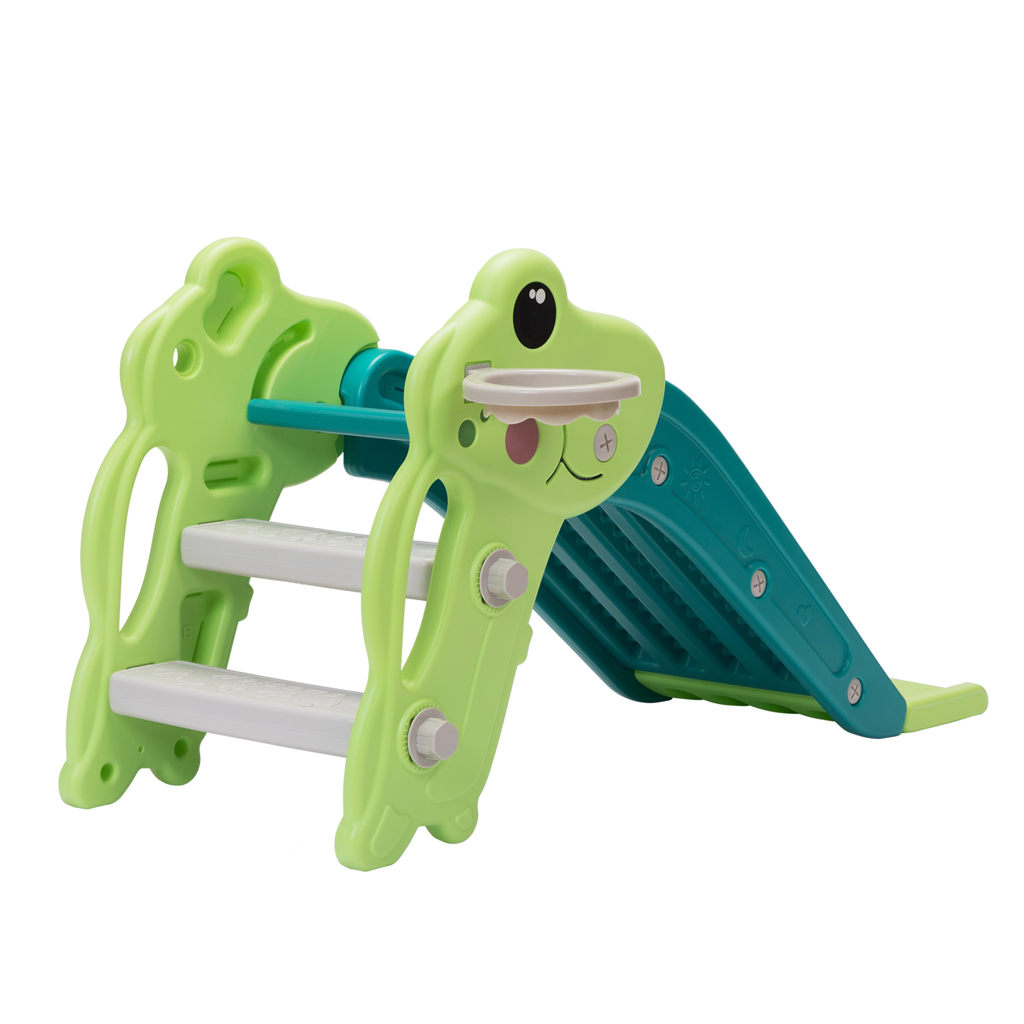 Kepooman 3 in 1 Toddler Slide Kids Slide, 42.9" Frogs Play Slide for Outdoor and Indoor, Play Slide with Basketball Hoop, Ball and Ladder, Green Kepooman 3 in 1 Toddler Slide Kids Slide, 42.9" Frogs Play Slide for Outdoor and Indoor, Play Slide with Basketball Hoop, Ball and Ladder, Green