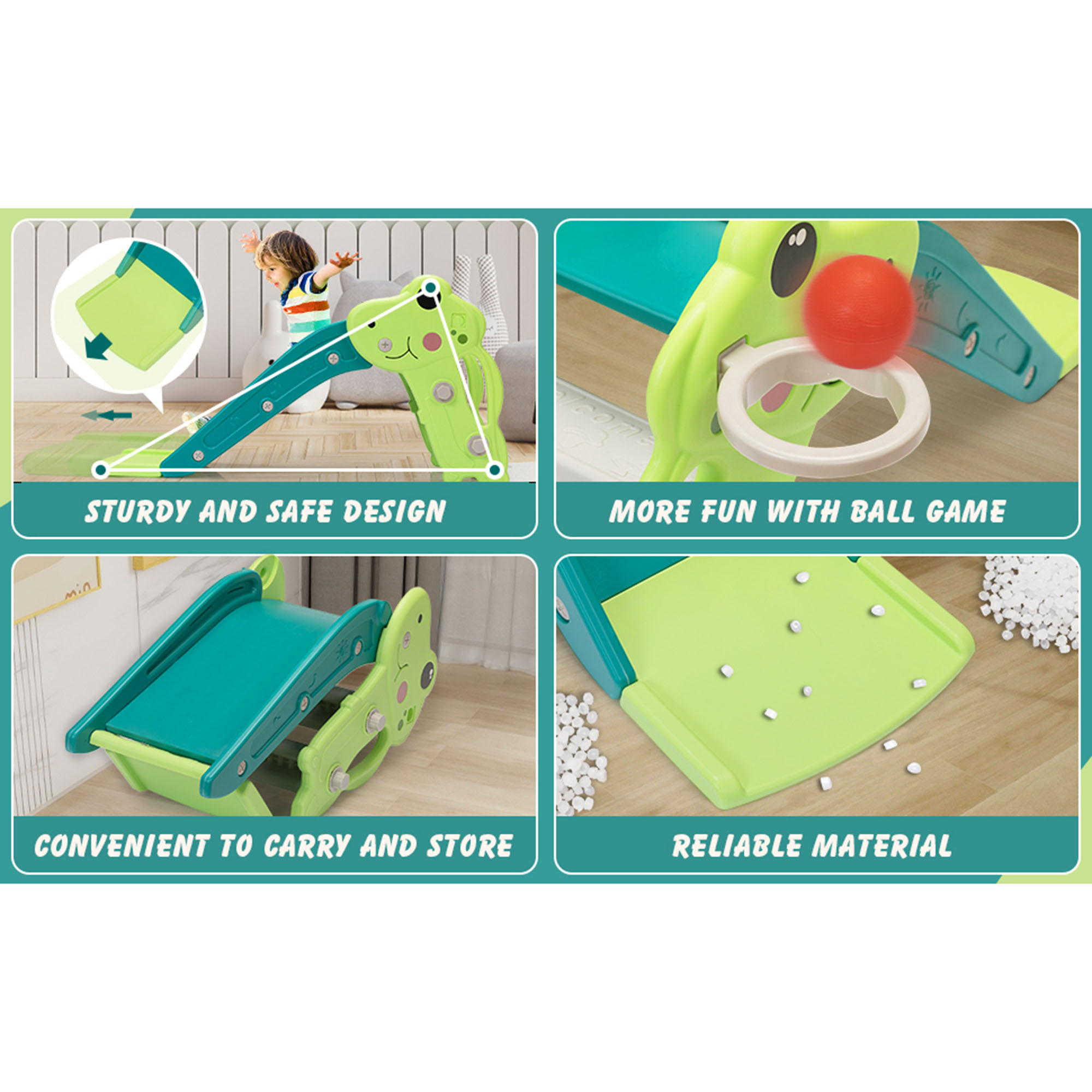 Kepooman 3 in 1 Toddler Slide Kids Slide, 42.9" Frogs Play Slide for Outdoor and Indoor, Play Slide with Basketball Hoop, Ball and Ladder, Green Kepooman 3 in 1 Toddler Slide Kids Slide, 42.9" Frogs Play Slide for Outdoor and Indoor, Play Slide with Basketball Hoop, Ball and Ladder, Green
