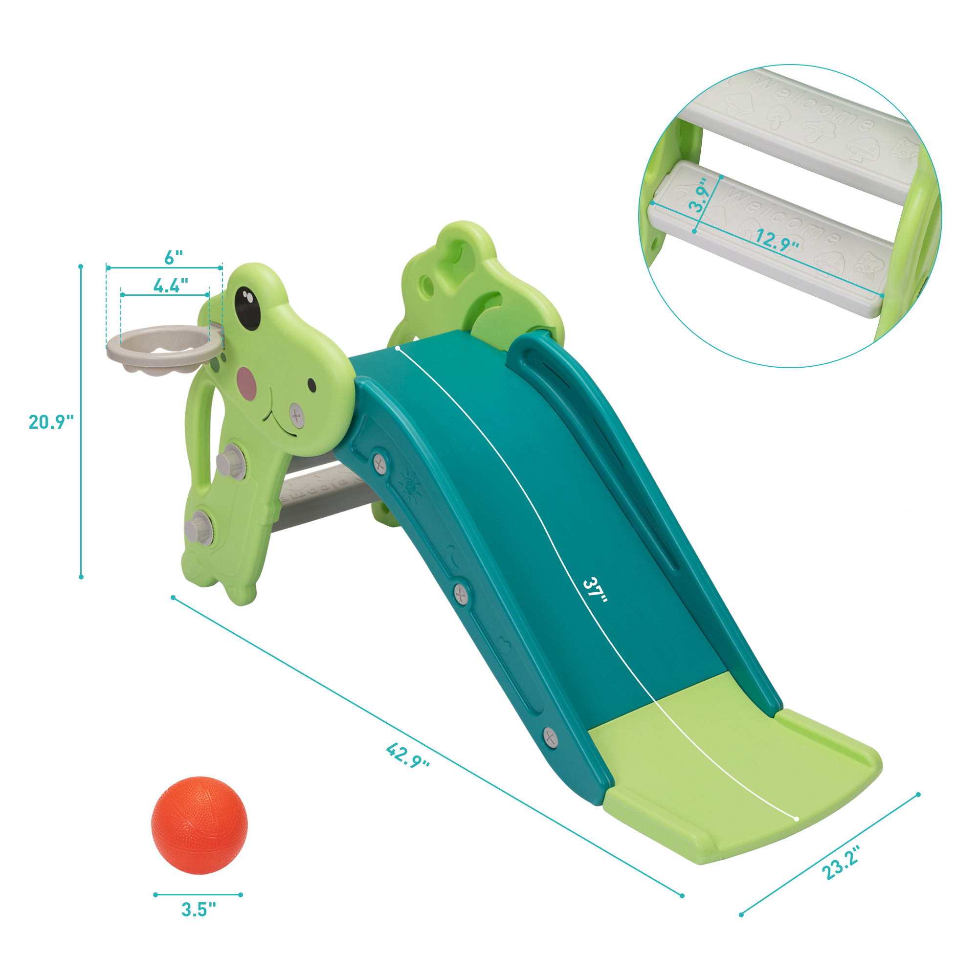 Kepooman 3 in 1 Toddler Slide Kids Slide, 42.9" Frogs Play Slide for Outdoor and Indoor, Play Slide with Basketball Hoop, Ball and Ladder, Green Kepooman 3 in 1 Toddler Slide Kids Slide, 42.9" Frogs Play Slide for Outdoor and Indoor, Play Slide with Basketball Hoop, Ball and Ladder, Green