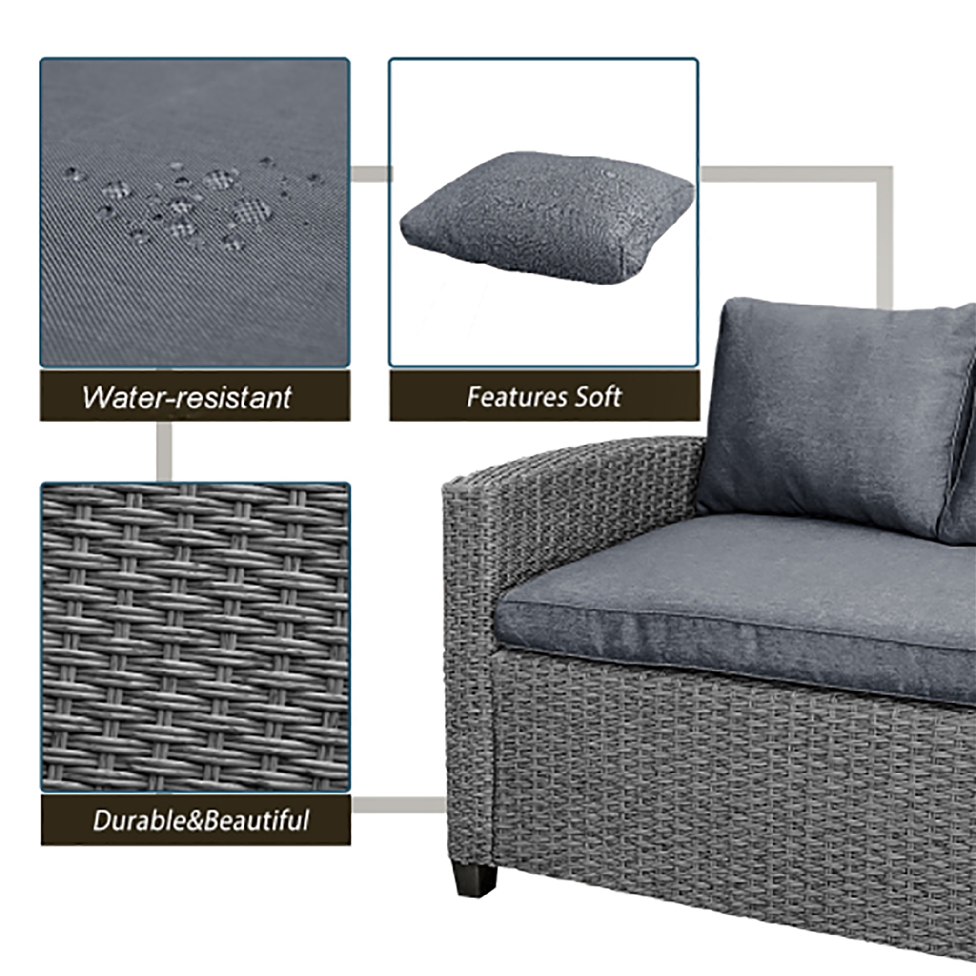 Kepooman Sectional Sofa, Patio Outdoor Furniture L Shape Sofa, Conversation Set All Weather Sectional Sofa Set with Table and Cushions, Gray
