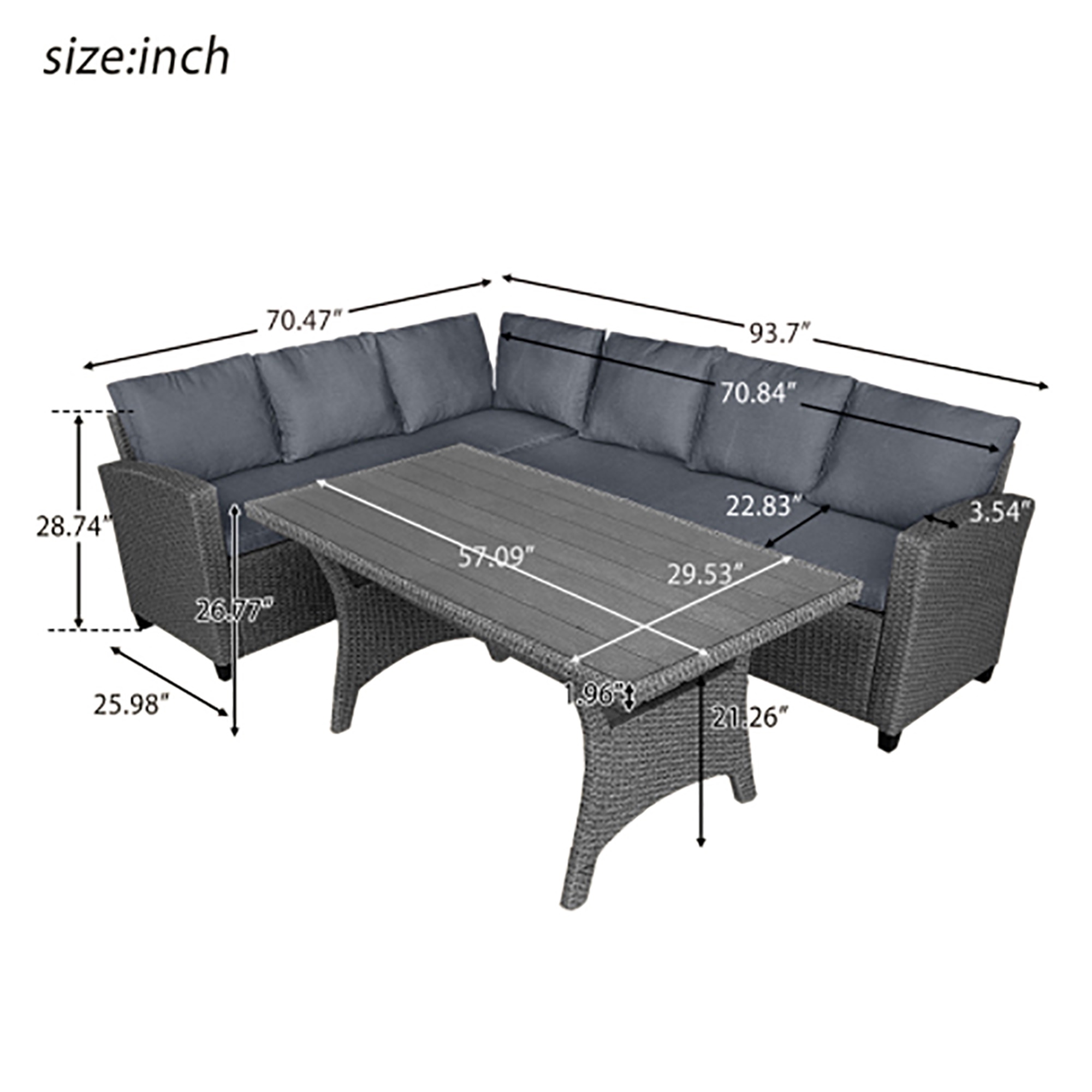 Kepooman Sectional Sofa, Patio Outdoor Furniture L Shape Sofa, Conversation Set All Weather Sectional Sofa Set with Table and Cushions, Gray