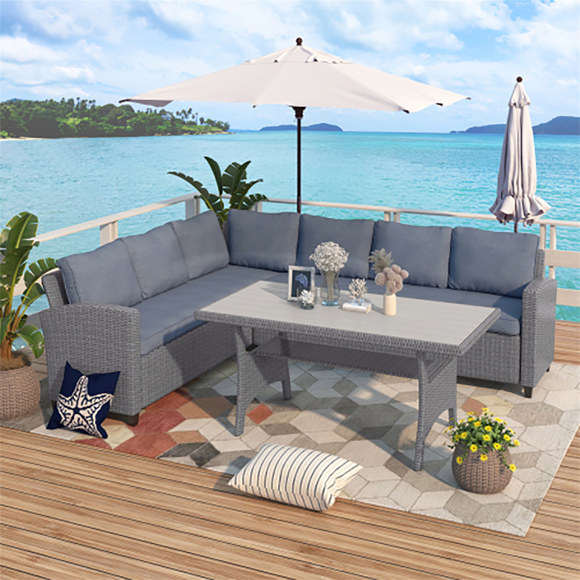 Kepooman Sectional Sofa, Patio Outdoor Furniture L Shape Sofa, Conversation Set All Weather Sectional Sofa Set with Table and Cushions, Gray