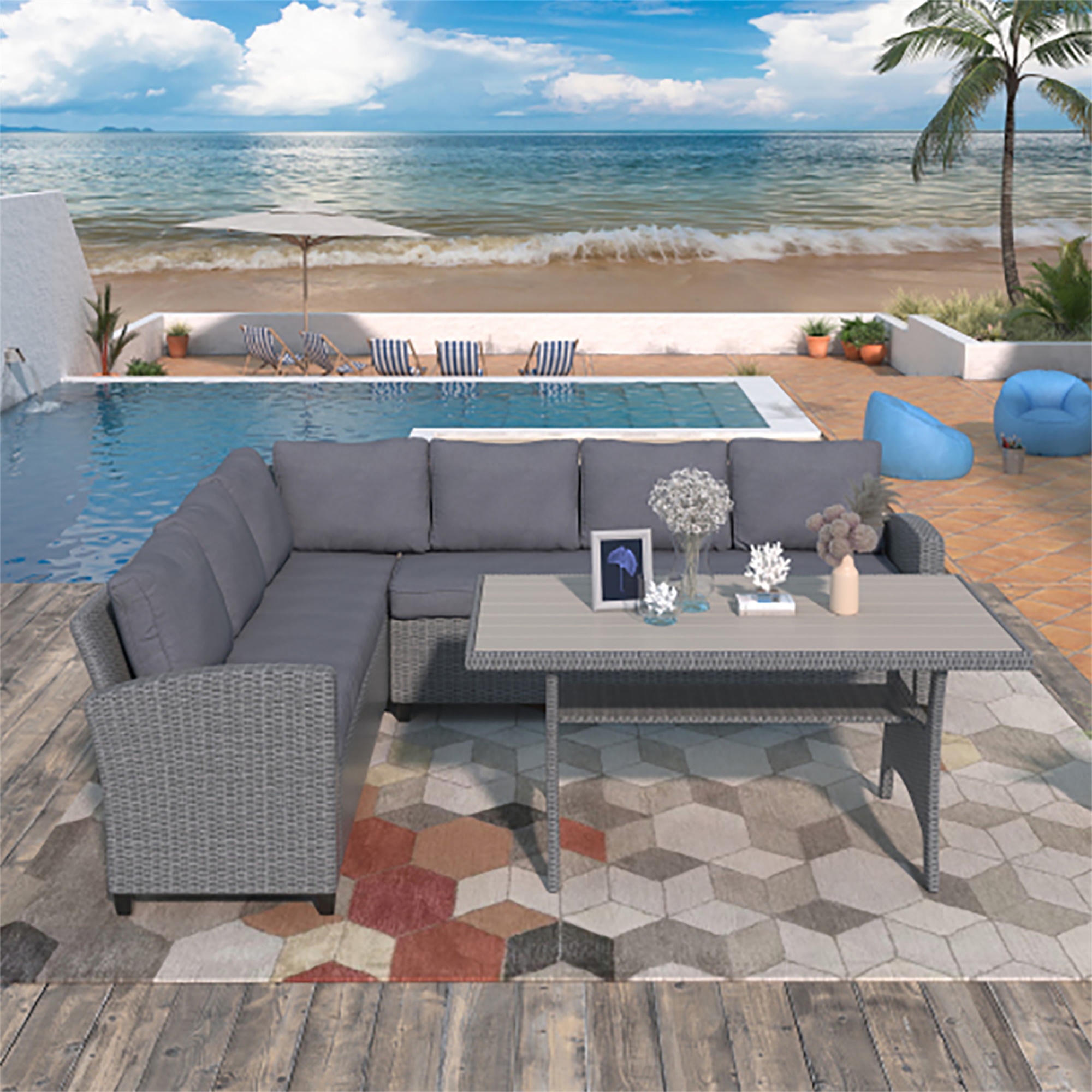 Kepooman Sectional Sofa, Patio Outdoor Furniture L Shape Sofa, Conversation Set All Weather Sectional Sofa Set with Table and Cushions, Gray