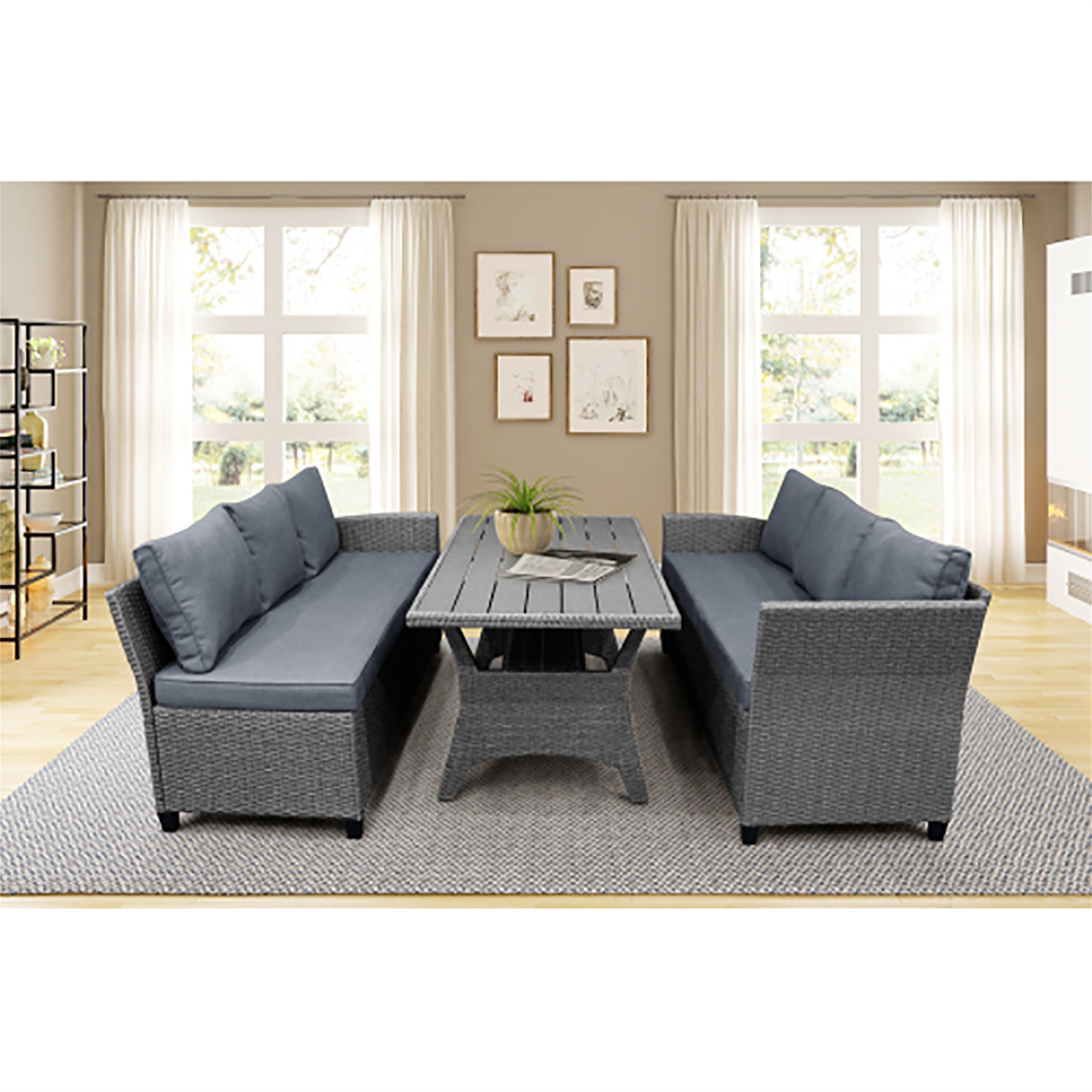 Kepooman Sectional Sofa, Patio Outdoor Furniture L Shape Sofa, Conversation Set All Weather Sectional Sofa Set with Table and Cushions, Gray