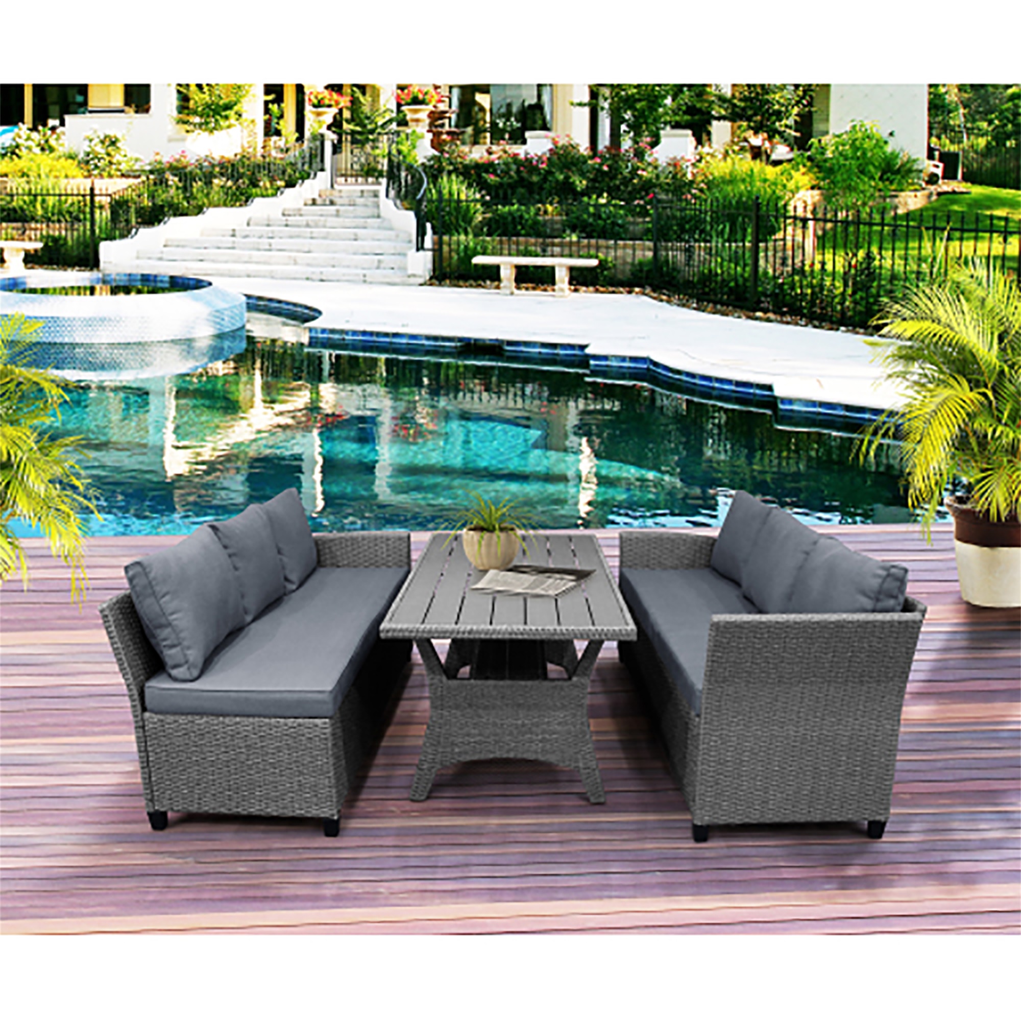 Kepooman Sectional Sofa, Patio Outdoor Furniture L Shape Sofa, Conversation Set All Weather Sectional Sofa Set with Table and Cushions, Gray