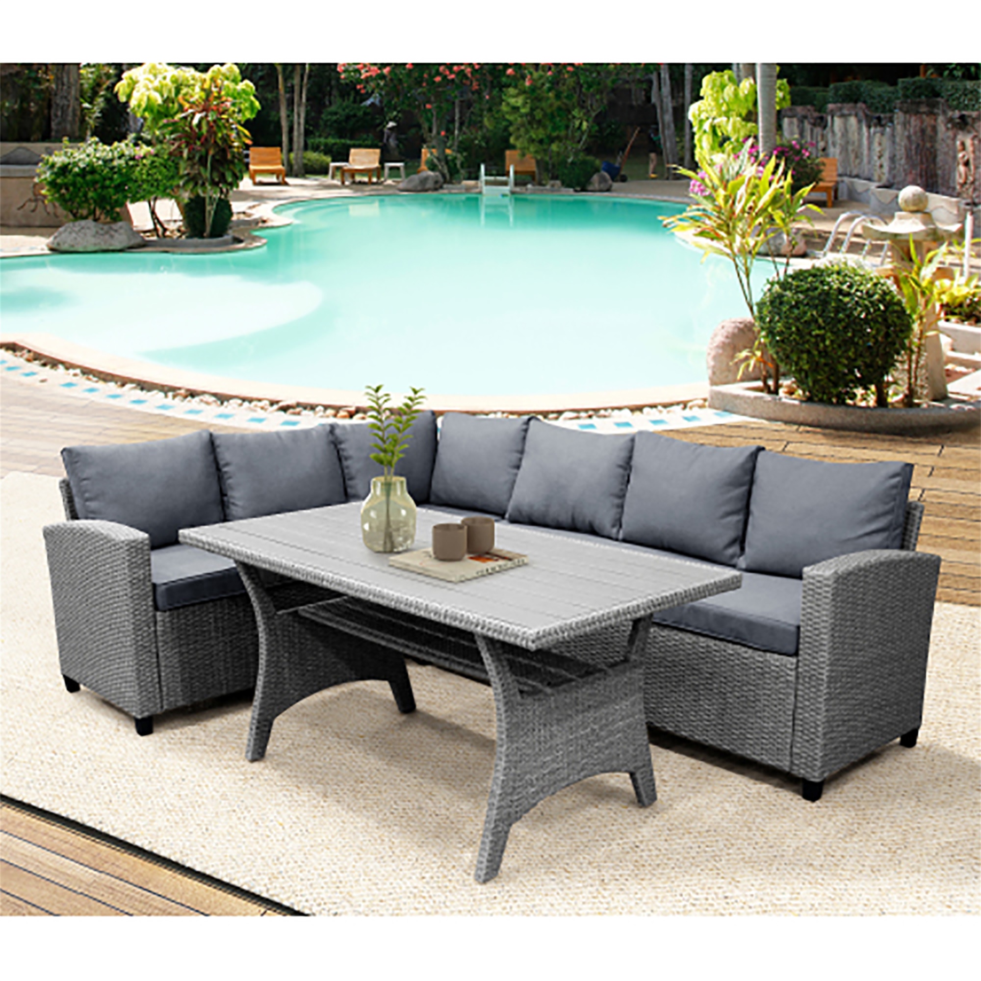 Kepooman Sectional Sofa, Patio Outdoor Furniture L Shape Sofa, Conversation Set All Weather Sectional Sofa Set with Table and Cushions, Gray