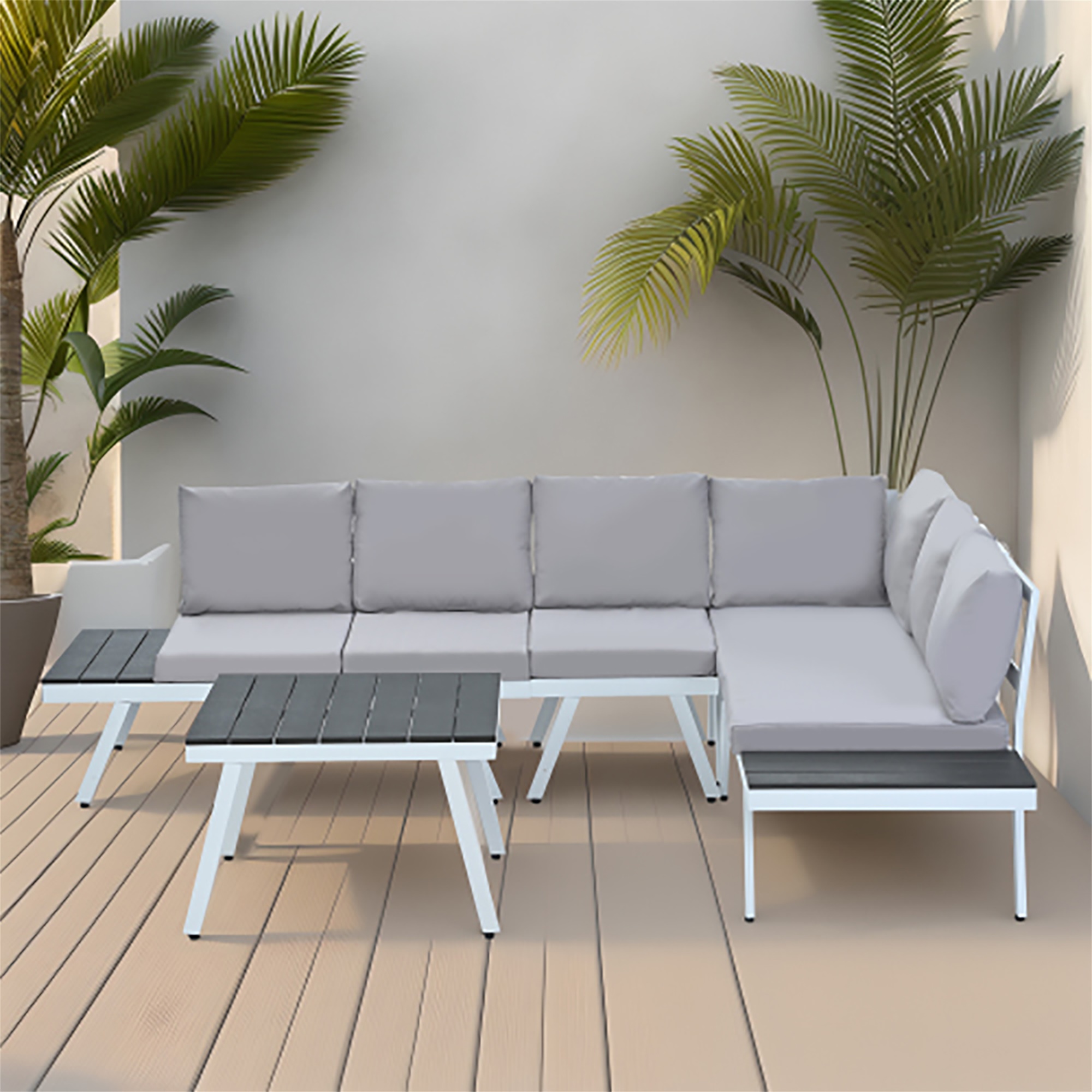 Kepooman Modern Garden Sectional Sofa Set with End Tables, Industrial 5-Piece Aluminum Outdoor Patio Furniture Set, Coffee Table and Furniture Clips for Backyard, Gray Kepooman Modern Garden Sectional Sofa Set with End Tables, Industrial 5-Piece Aluminum Outdoor Patio Furniture Set, Coffee Table and Furniture Clips for Backyard, Gray