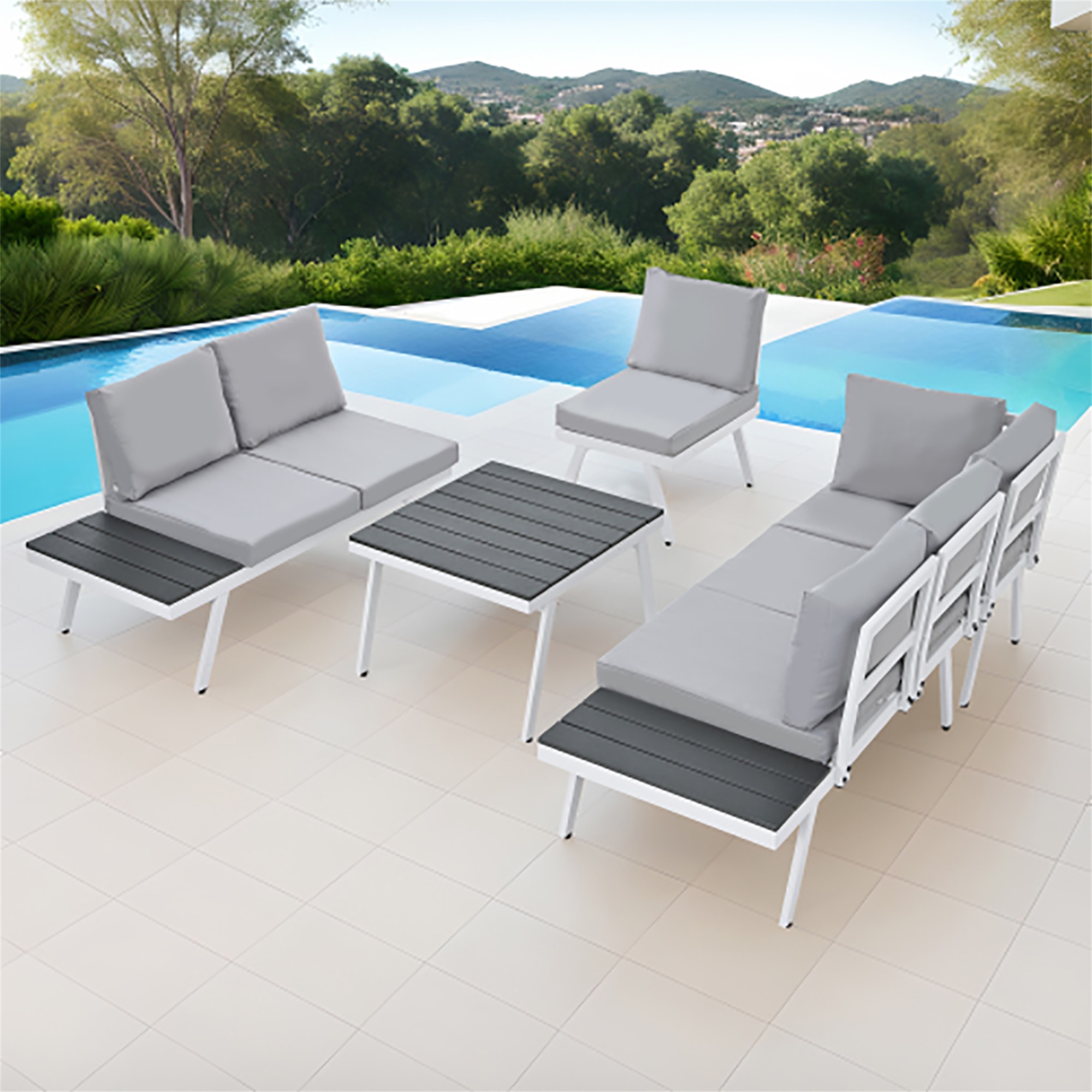 Kepooman Modern Garden Sectional Sofa Set with End Tables, Industrial 5-Piece Aluminum Outdoor Patio Furniture Set, Coffee Table and Furniture Clips for Backyard, Gray Kepooman Modern Garden Sectional Sofa Set with End Tables, Industrial 5-Piece Aluminum Outdoor Patio Furniture Set, Coffee Table and Furniture Clips for Backyard, Gray