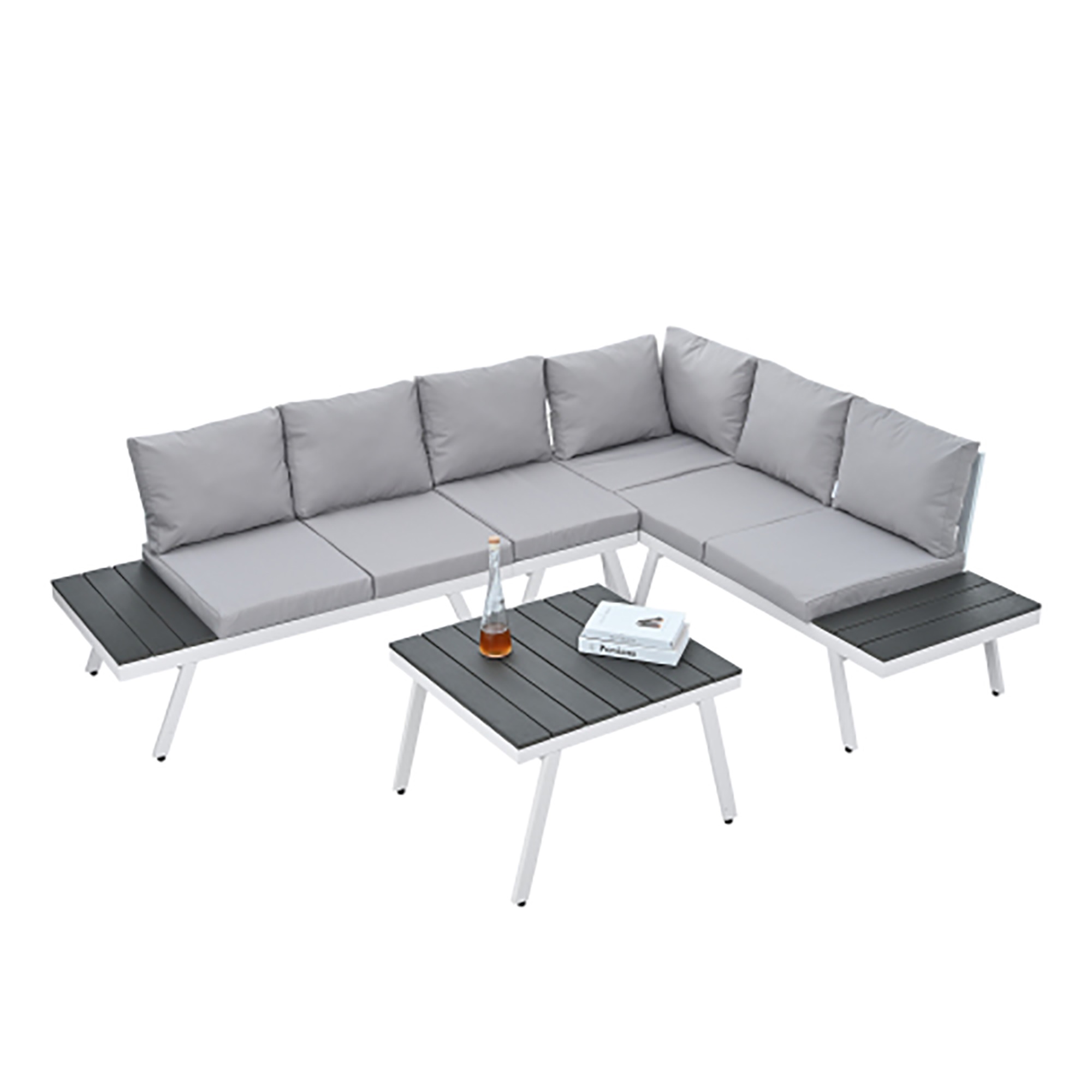 Kepooman Modern Garden Sectional Sofa Set with End Tables, Industrial 5-Piece Aluminum Outdoor Patio Furniture Set, Coffee Table and Furniture Clips for Backyard, Gray Kepooman Modern Garden Sectional Sofa Set with End Tables, Industrial 5-Piece Aluminum Outdoor Patio Furniture Set, Coffee Table and Furniture Clips for Backyard, Gray