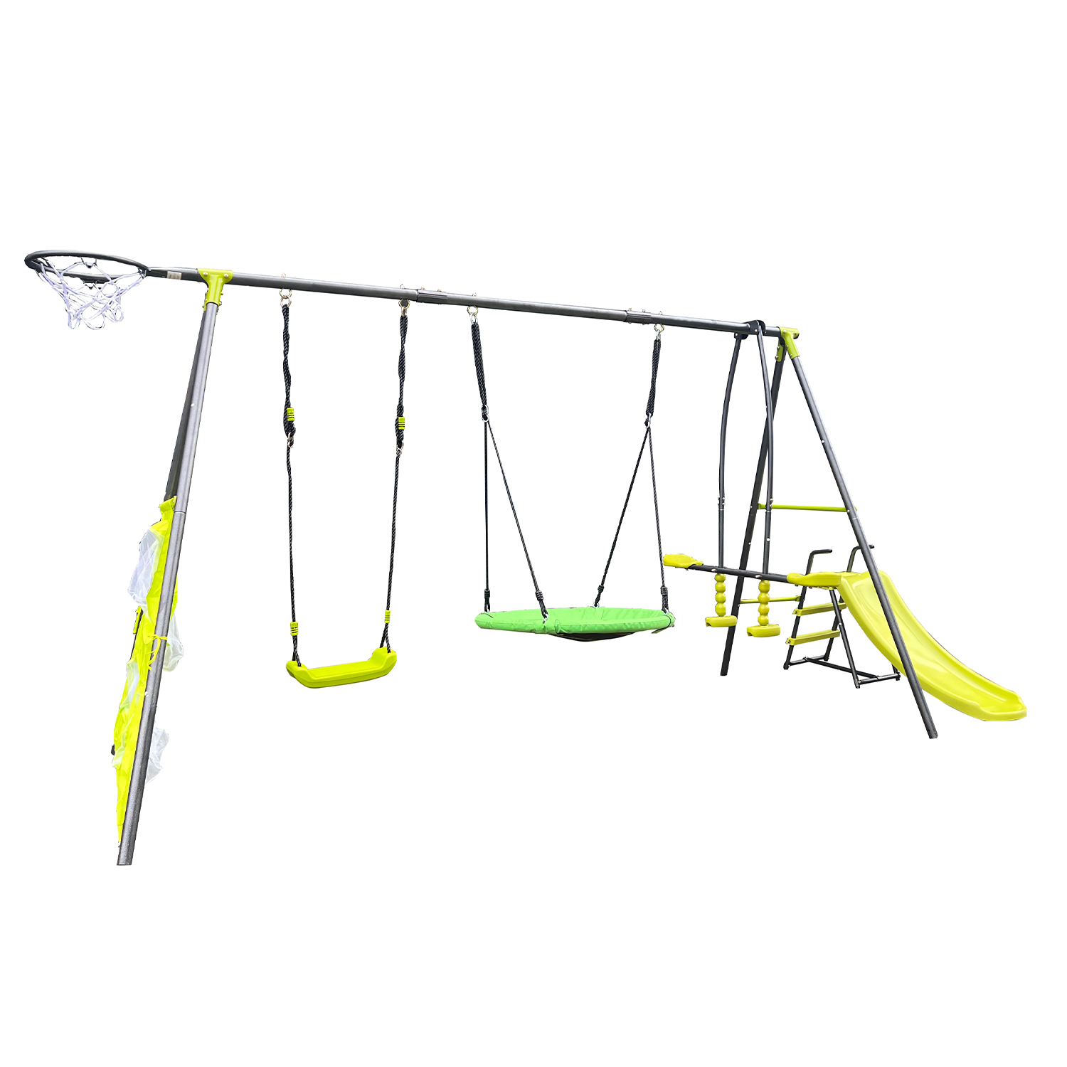 CIPACHO 6 Function Swingset with Slide, Basketball Frame, 152" A-Frame Metal Swing Toy Set for Age 3+, Green