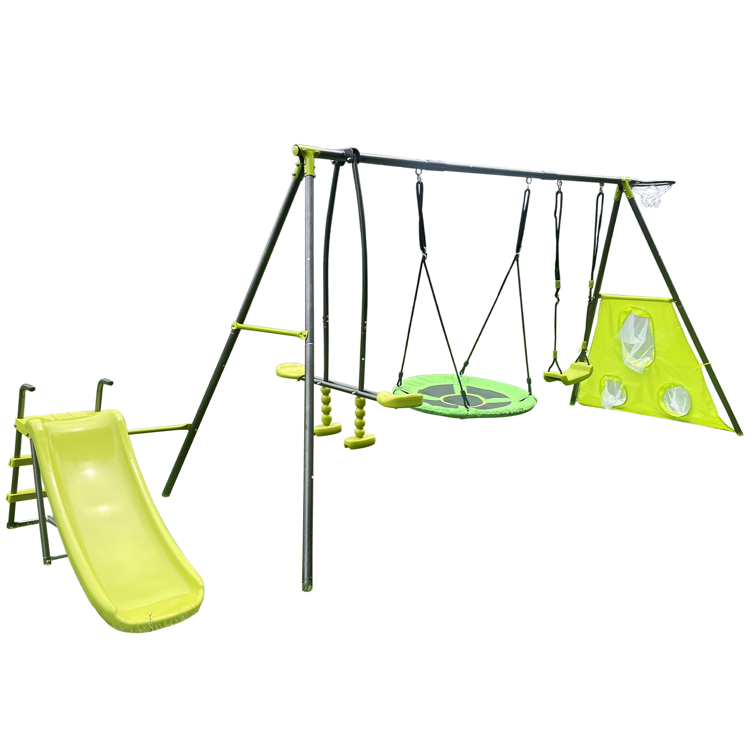 CIPACHO 152" A-Frame Metal Swing Toy Set for Age 3+, 6 Function Swingset with Slide, Basketball Frame, Green