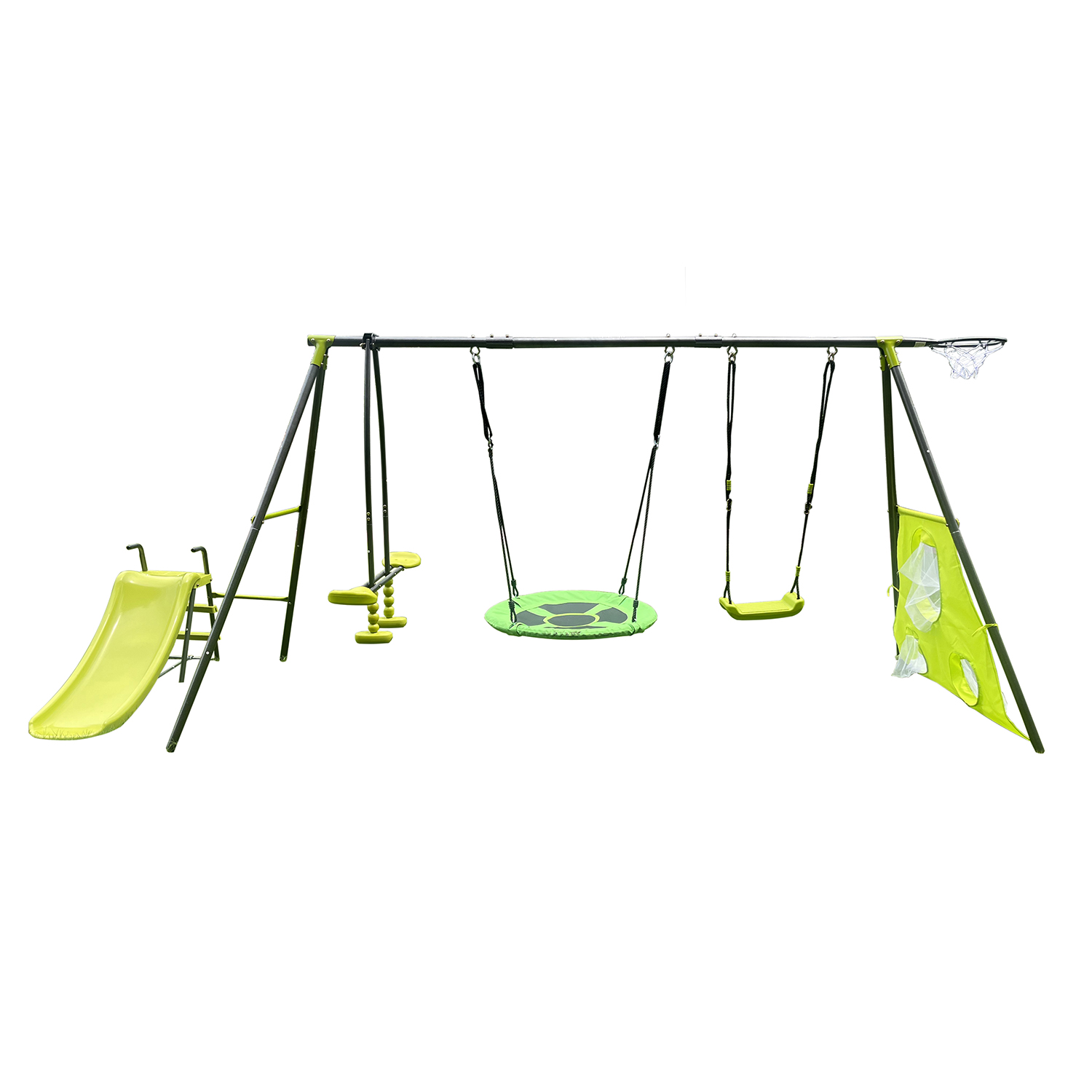 CIPACHO 6 Function Swingset with Slide, Basketball Frame, 152" A-Frame Metal Swing Toy Set for Age 3+, Green