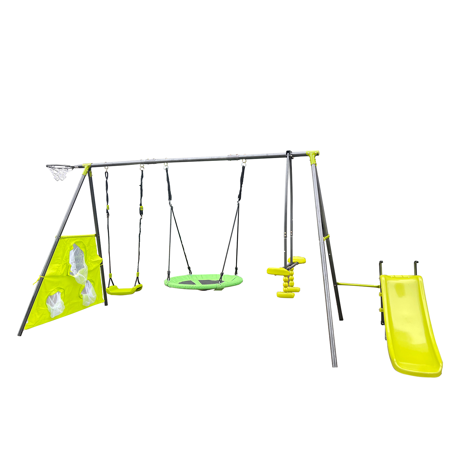 CIPACHO 6 Function Swingset with Slide, Basketball Frame, 152" A-Frame Metal Swing Toy Set for Age 3+, Green