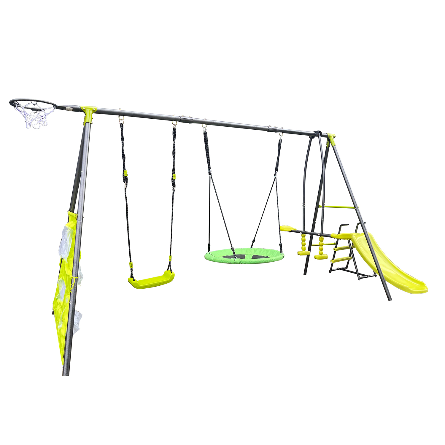 CIPACHO 152" A-Frame Metal Swing Toy Set for Age 3+, 6 Function Swingset with Slide, Basketball Frame, Green