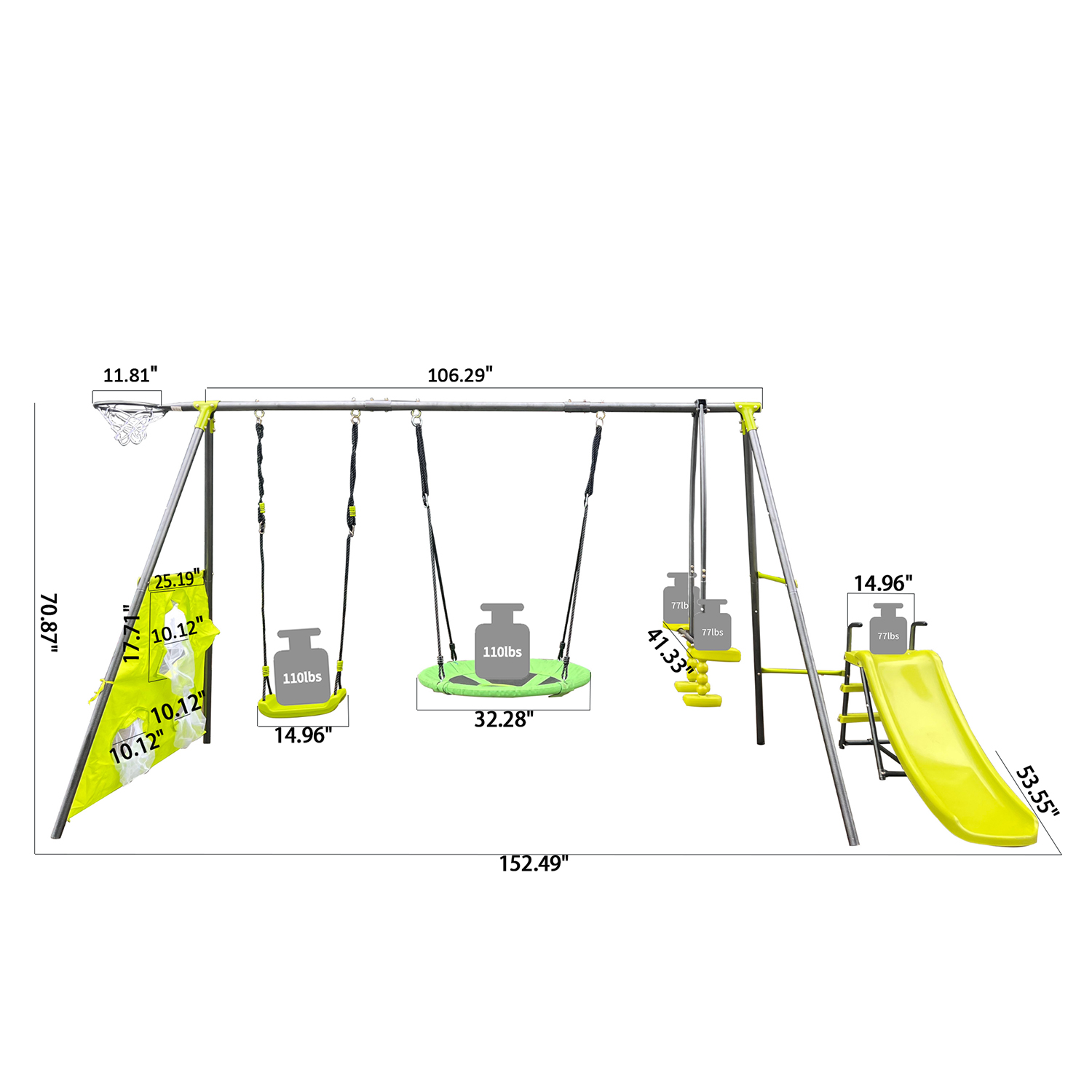 CIPACHO 152" A-Frame Metal Swing Toy Set for Age 3+, 6 Function Swingset with Slide, Basketball Frame, Green