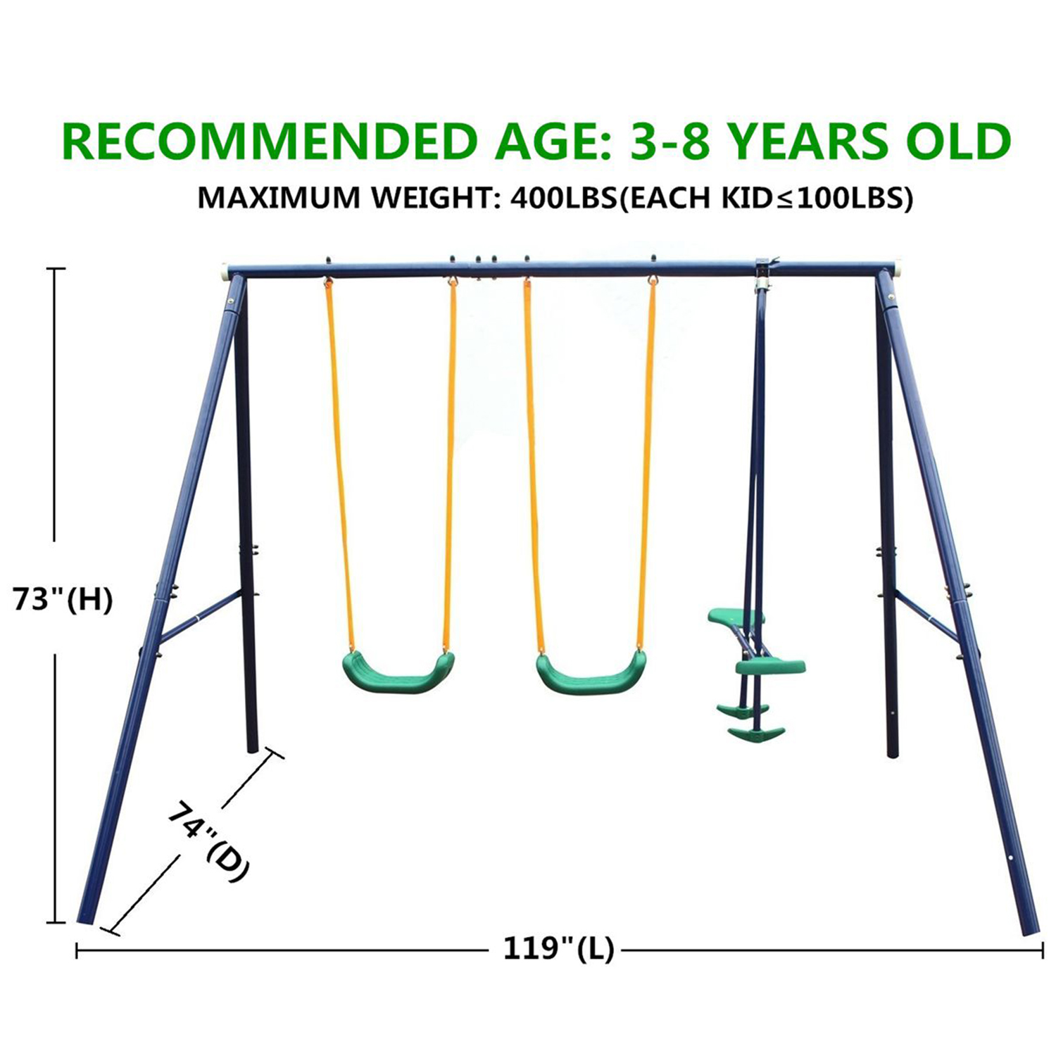 CIPACHO 114" Metal Kids Swing Set, Outdoor Playground for Age 3+, Blue