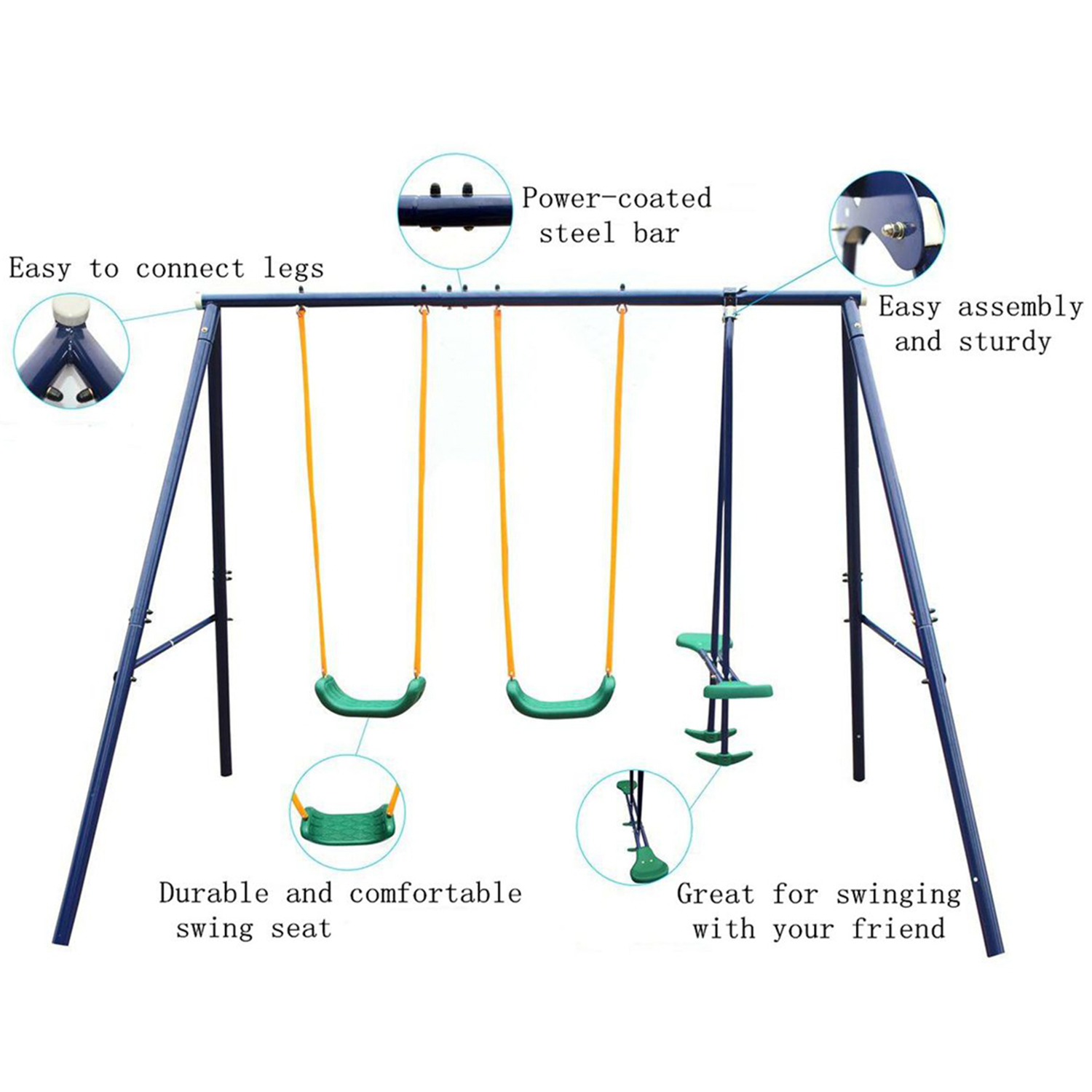 CIPACHO 114" Metal Kids Swing Set, Outdoor Playground for Age 3+, Blue