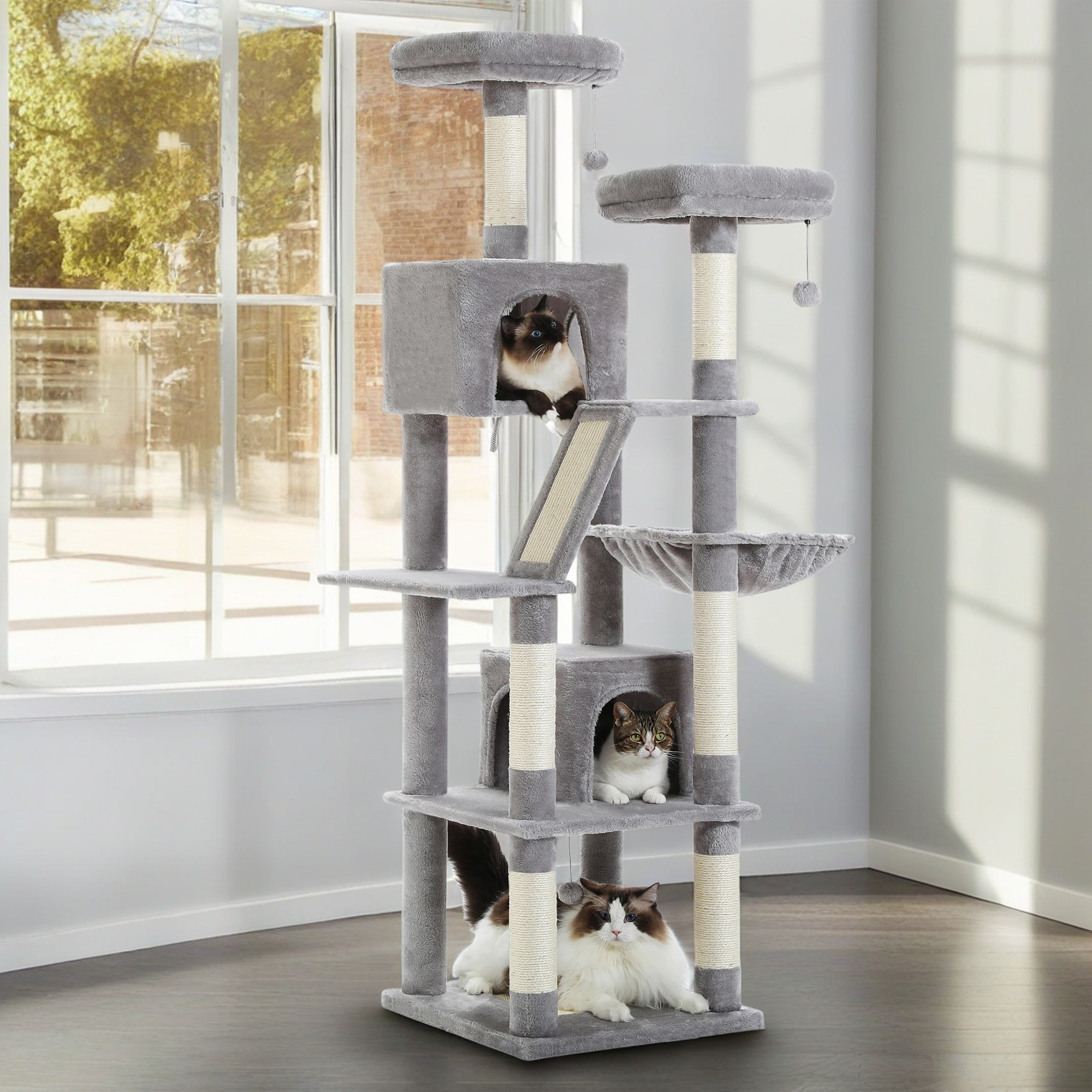 Pefilos 70" Large Cat Tree for Indoor Cats, Multi-Level Cat Tower Cat Scratching Post with 2 Perches, 2 Condos, Hammock and 2 Pompoms, Gray