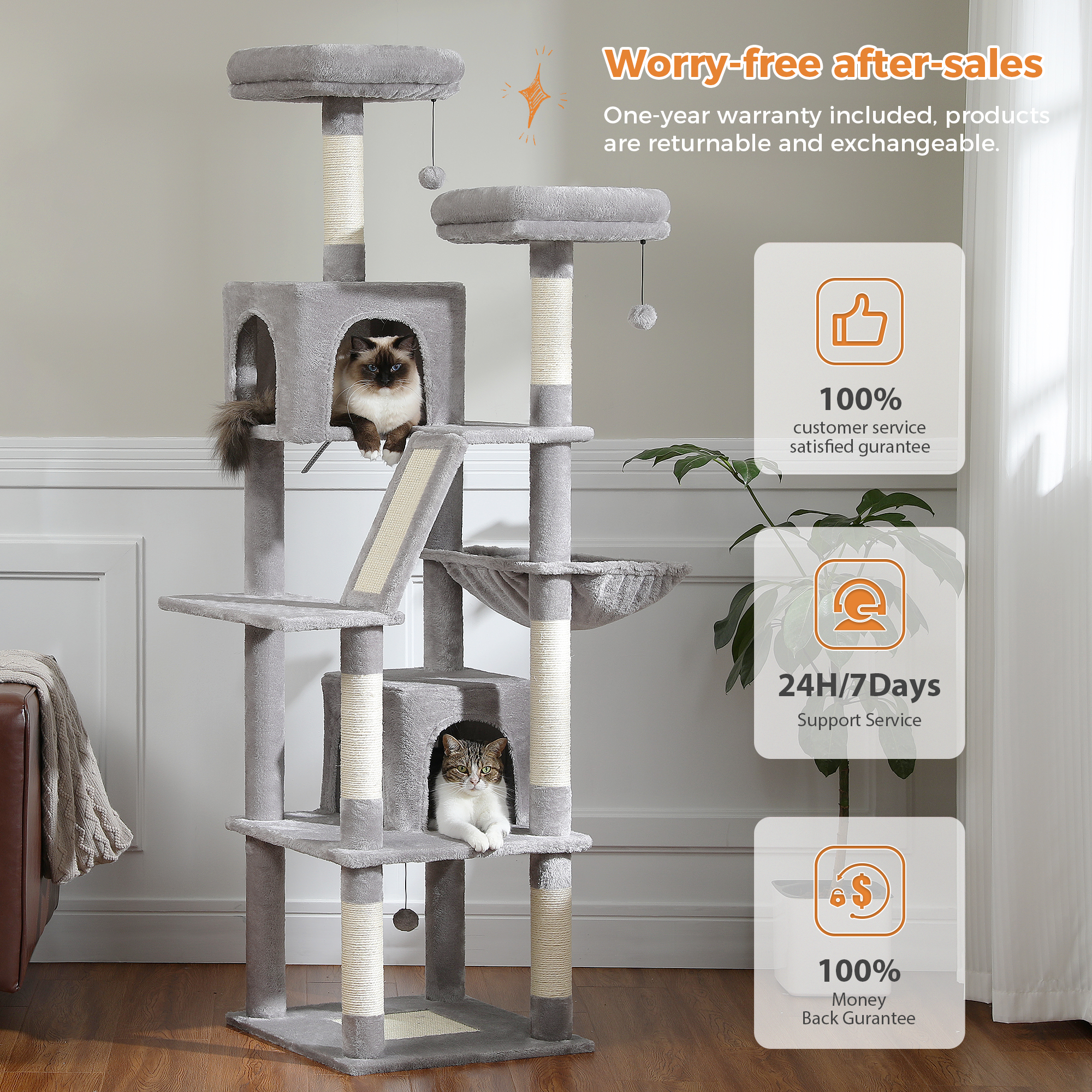 Pefilos 70" Large Cat Tree for Indoor Cats, Multi-Level Cat Tower Cat Scratching Post with 2 Perches, 2 Condos, Hammock and 2 Pompoms, Gray Pefilos 70" Large Cat Tree for Indoor Cats, Multi-Level Cat Tower Cat Scratching Post with 2 Perches, 2 Condos, Hammock and 2 Pompoms, Gray