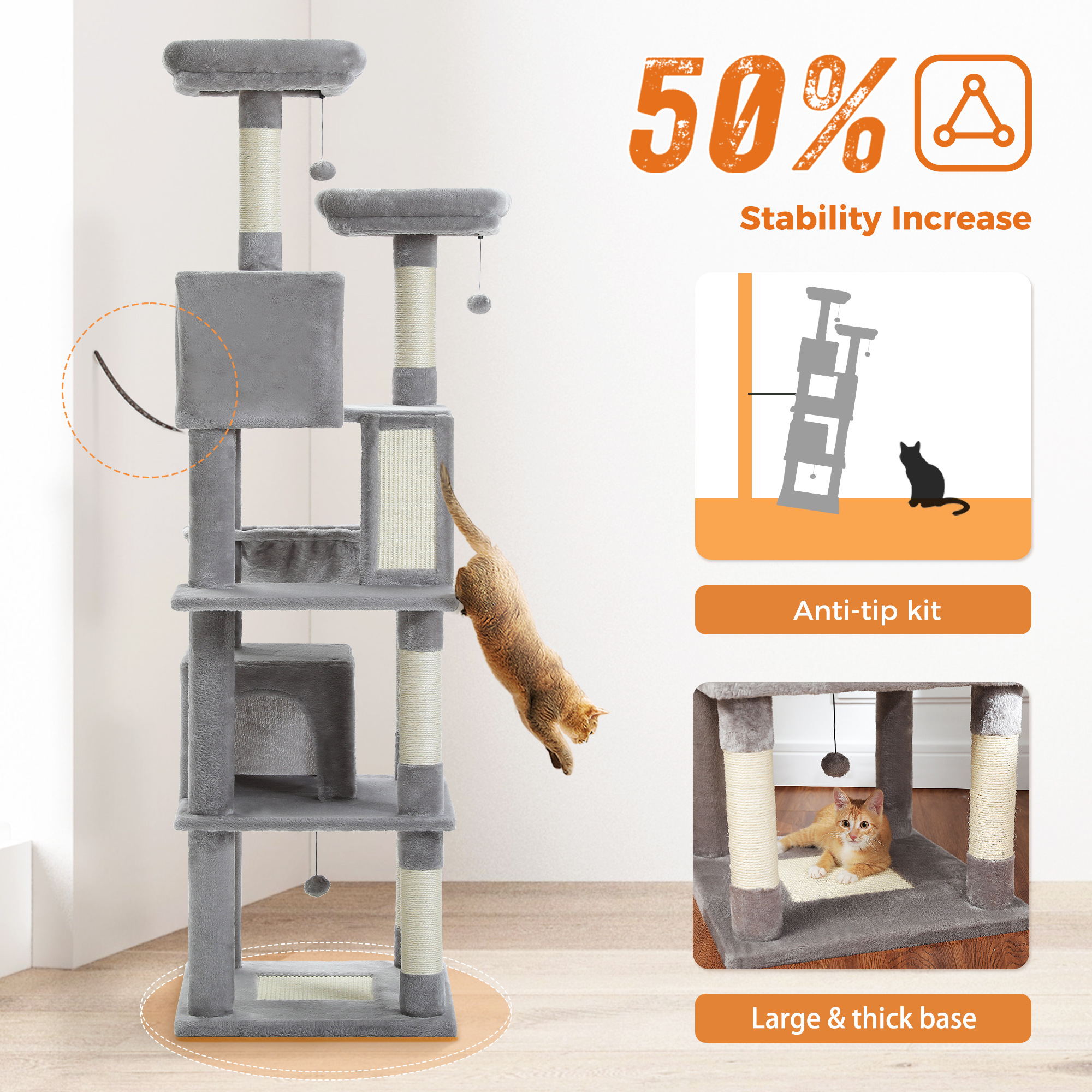 Pefilos 70" Large Cat Tree for Indoor Cats, Multi-Level Cat Tower Cat Scratching Post with 2 Perches, 2 Condos, Hammock and 2 Pompoms, Gray Pefilos 70" Large Cat Tree for Indoor Cats, Multi-Level Cat Tower Cat Scratching Post with 2 Perches, 2 Condos, Hammock and 2 Pompoms, Gray