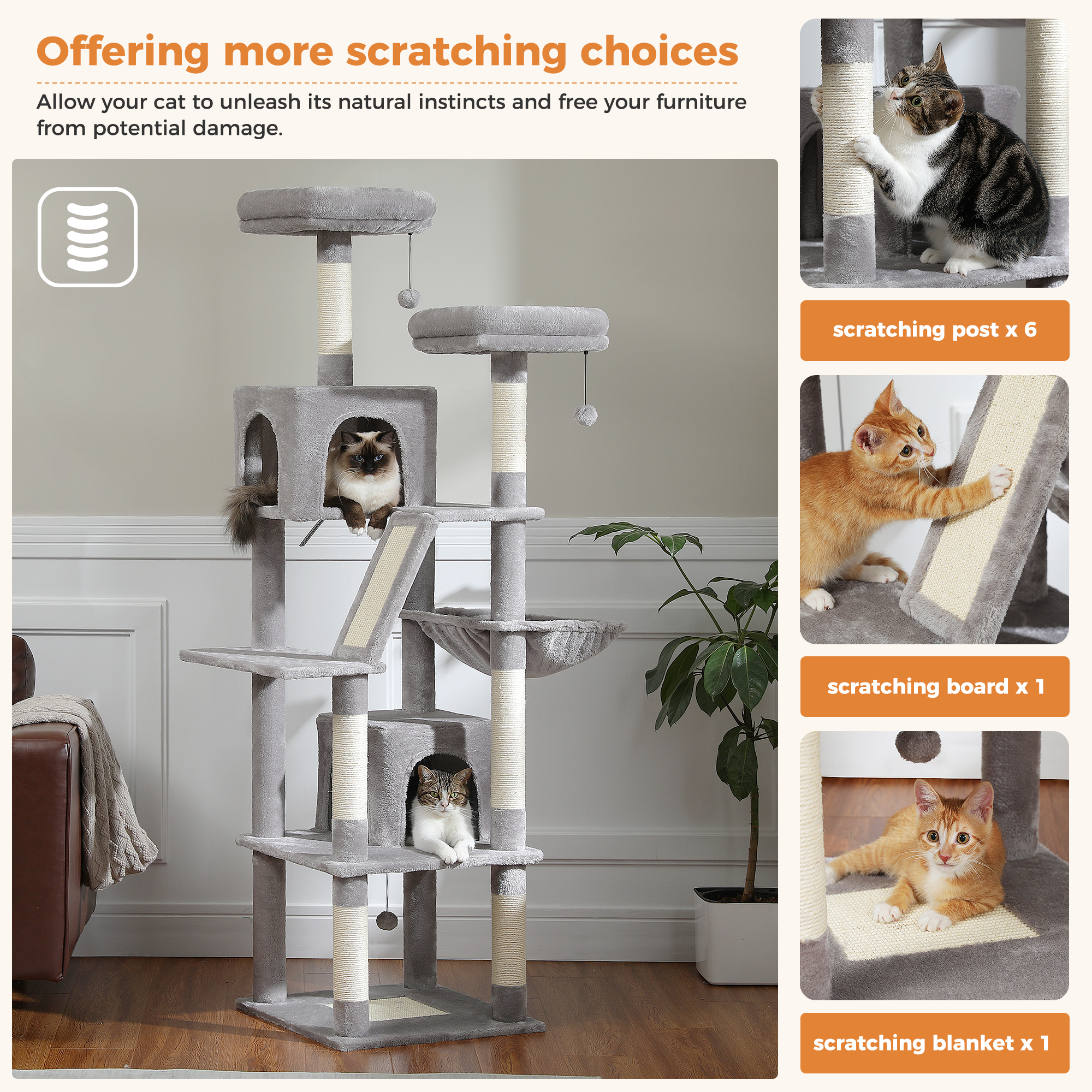 Pefilos 70" Large Cat Tree for Indoor Cats, Multi-Level Cat Tower Cat Scratching Post with 2 Perches, 2 Condos, Hammock and 2 Pompoms, Gray Pefilos 70" Large Cat Tree for Indoor Cats, Multi-Level Cat Tower Cat Scratching Post with 2 Perches, 2 Condos, Hammock and 2 Pompoms, Gray