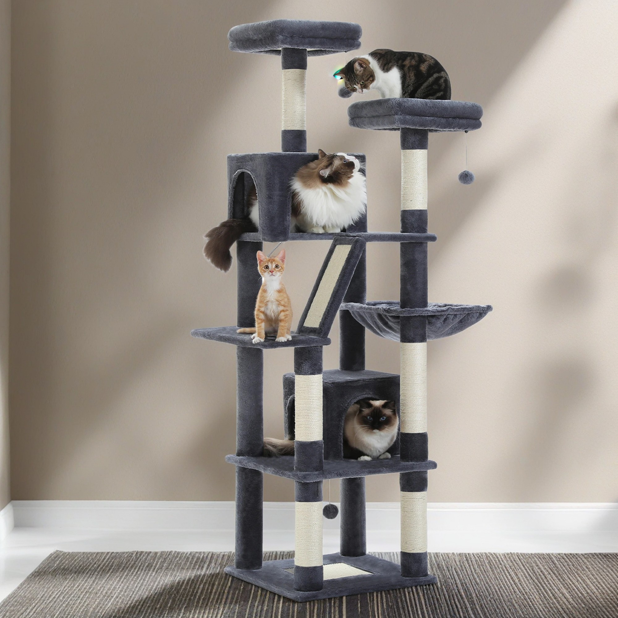 Pefilos 70" Large Cat Tree for Indoor Cats, Multi-Level Cat Tower Cat Scratching Post with 2 Perches, 2 Condos, Hammock and 2 Pompoms, Dark Gray Pefilos 70" Large Cat Tree for Indoor Cats, Multi-Level Cat Tower Cat Scratching Post with 2 Perches, 2 Condos, Hammock and 2 Pompoms, Dark Gray