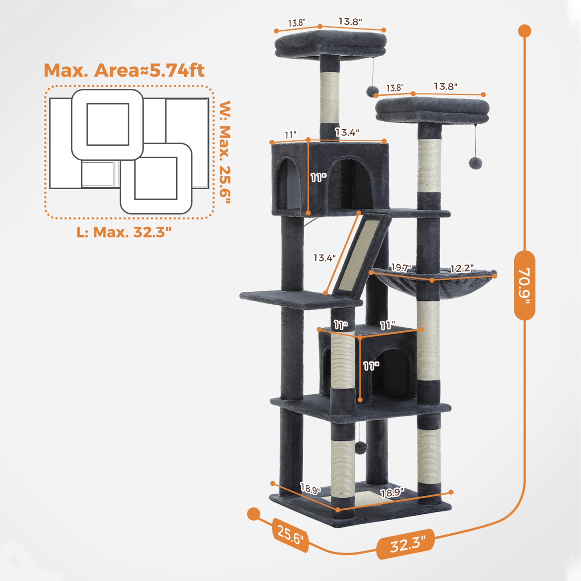 Pefilos 70" Large Cat Tree for Indoor Cats, Multi-Level Cat Tower Cat Scratching Post with 2 Perches, 2 Condos, Hammock and 2 Pompoms, Dark Gray Pefilos 70" Large Cat Tree for Indoor Cats, Multi-Level Cat Tower Cat Scratching Post with 2 Perches, 2 Condos, Hammock and 2 Pompoms, Dark Gray
