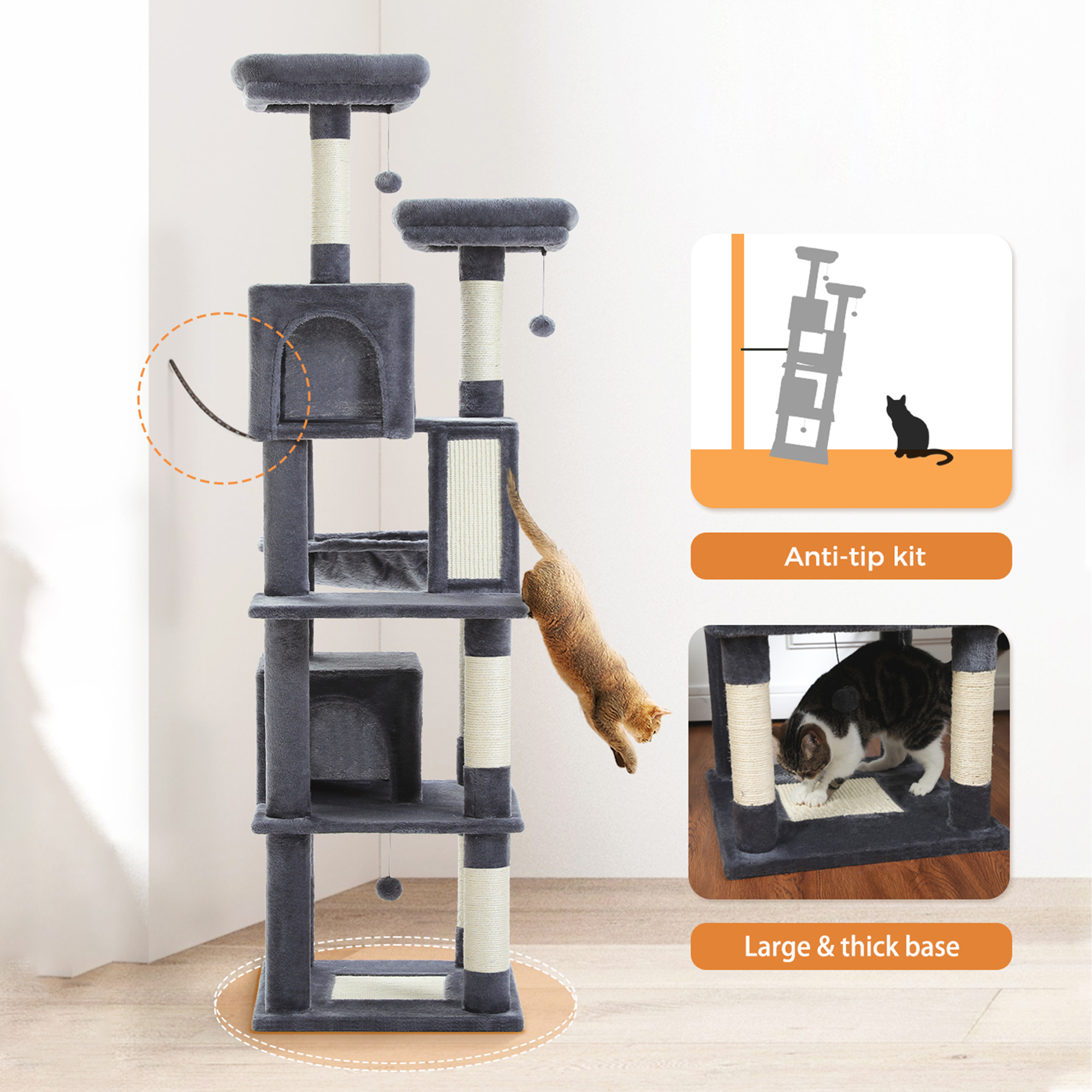 Pefilos 70" Large Cat Tree for Indoor Cats, Multi-Level Cat Tower Cat Scratching Post with 2 Perches, 2 Condos, Hammock and 2 Pompoms, Dark Gray Pefilos 70" Large Cat Tree for Indoor Cats, Multi-Level Cat Tower Cat Scratching Post with 2 Perches, 2 Condos, Hammock and 2 Pompoms, Dark Gray