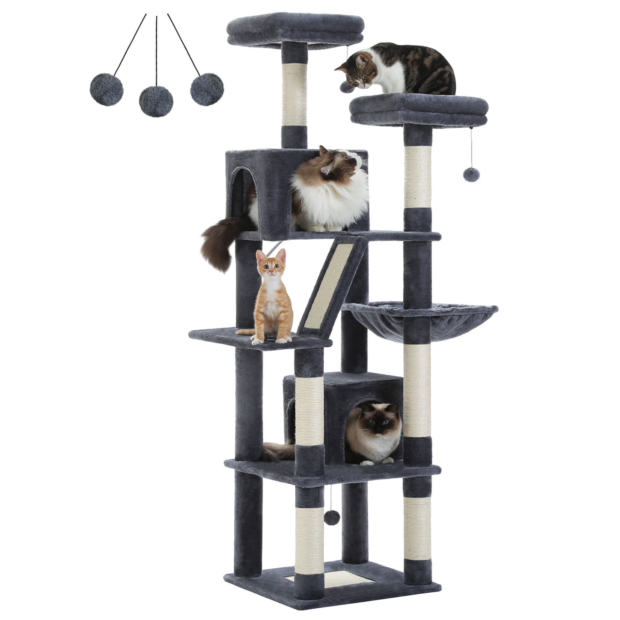 Pefilos 70" Large Cat Tree for Indoor Cats, Multi-Level Cat Tower Cat Scratching Post with 2 Perches, 2 Condos, Hammock and 2 Pompoms, Dark Gray