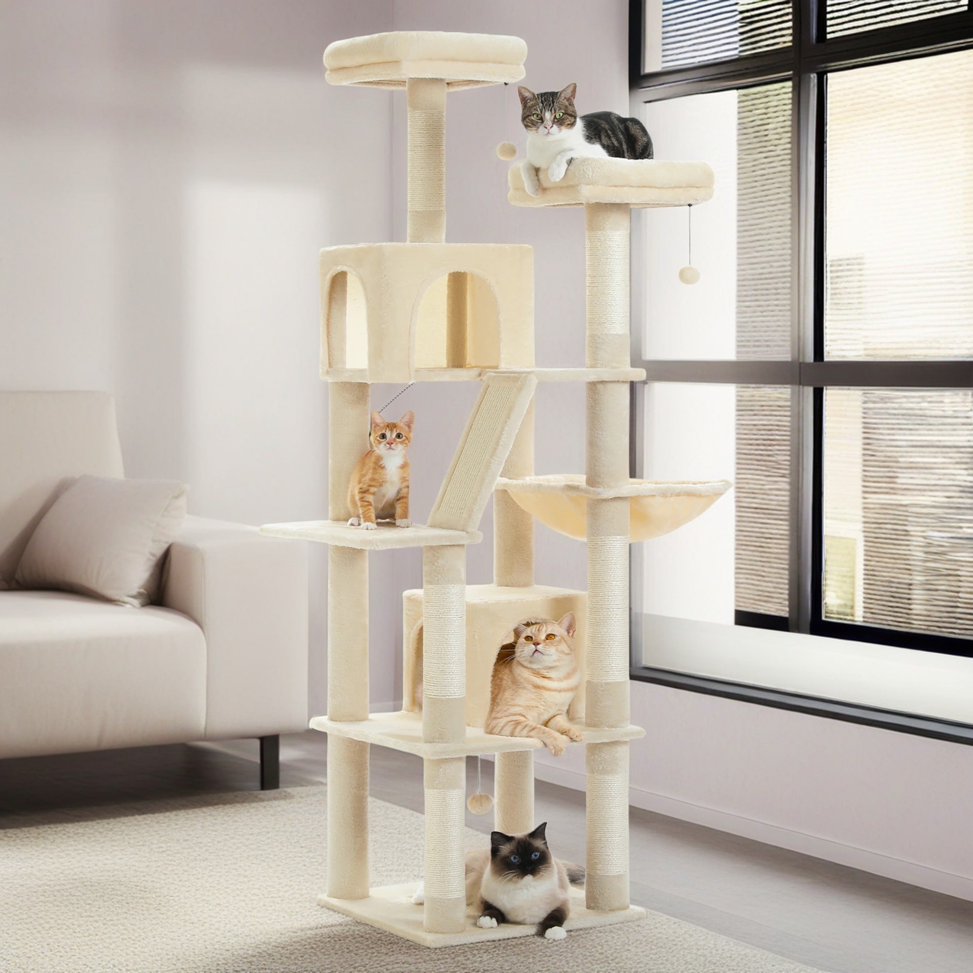 Pefilos 70" Large Cat Tree for Indoor Cats, Multi-Level Cat Tower Cat Scratching Post with 2 Perches, 2 Condos, Hammock and 2 Pompoms, Beige Pefilos 70" Large Cat Tree for Indoor Cats, Multi-Level Cat Tower Cat Scratching Post with 2 Perches, 2 Condos, Hammock and 2 Pompoms, Beige