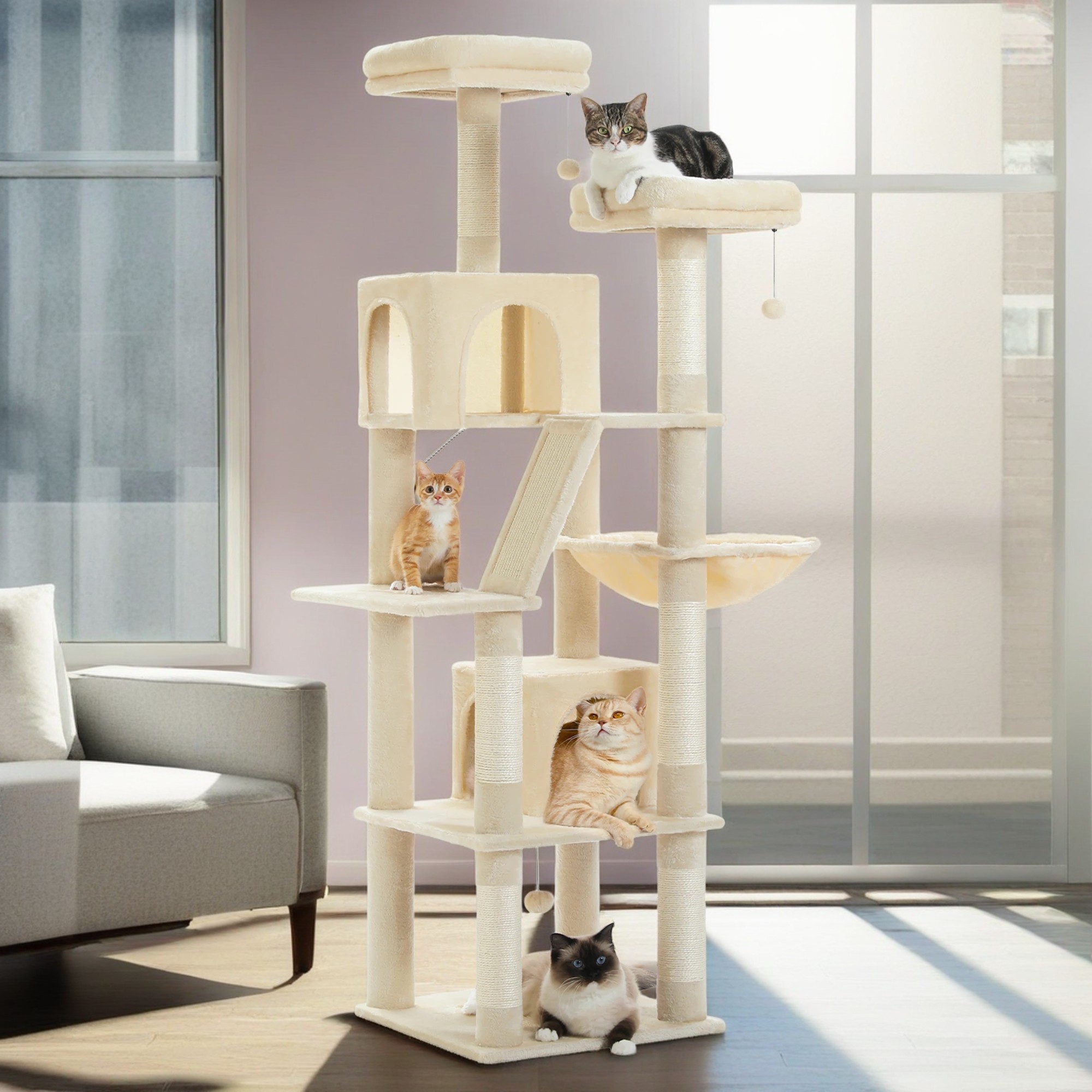 Pefilos 70" Large Cat Tree for Indoor Cats, Multi-Level Cat Tower Cat Scratching Post with 2 Perches, 2 Condos, Hammock and 2 Pompoms, Beige Pefilos 70" Large Cat Tree for Indoor Cats, Multi-Level Cat Tower Cat Scratching Post with 2 Perches, 2 Condos, Hammock and 2 Pompoms, Beige