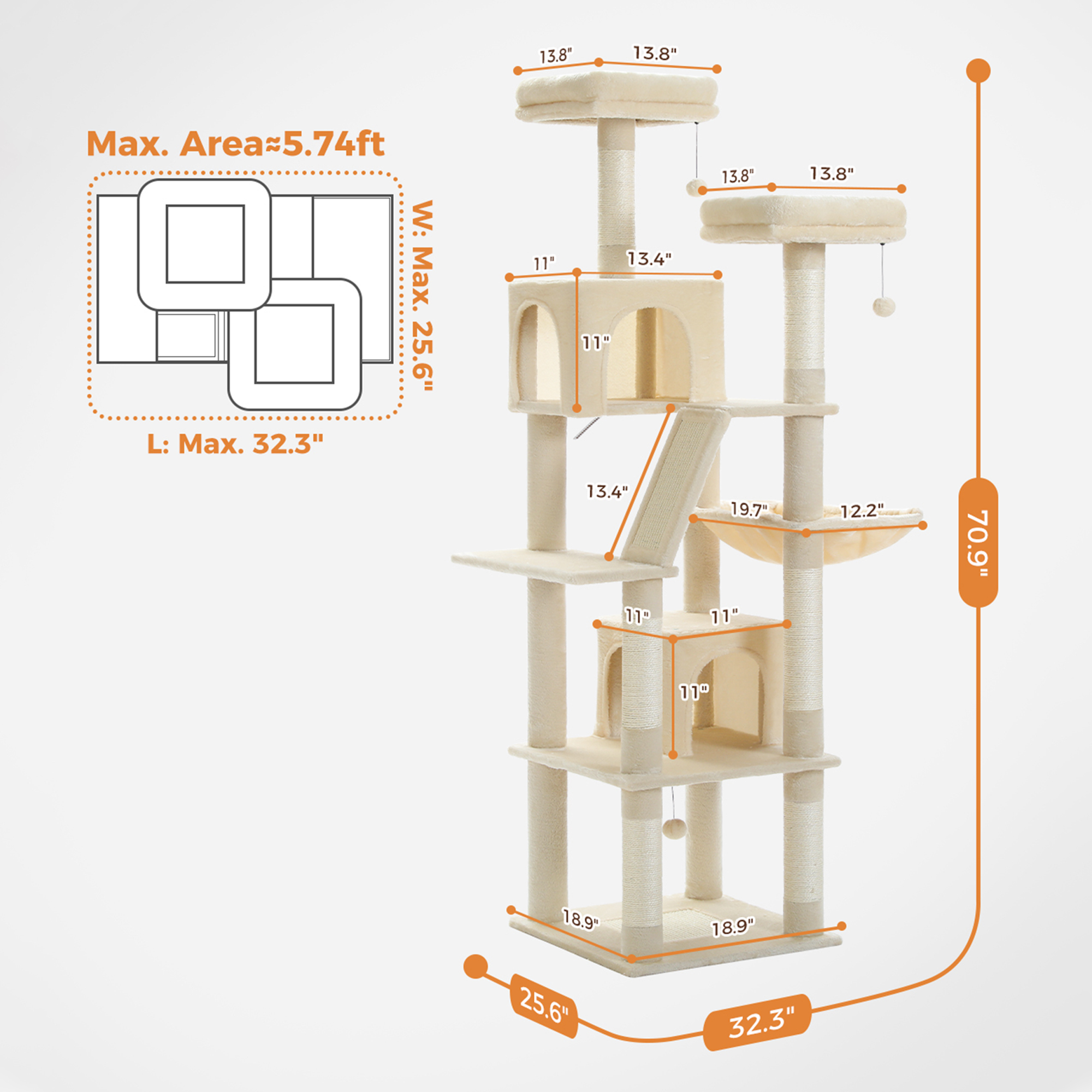 Pefilos 70" Large Cat Tree for Indoor Cats, Multi-Level Cat Tower Cat Scratching Post with 2 Perches, 2 Condos, Hammock and 2 Pompoms, Beige Pefilos 70" Large Cat Tree for Indoor Cats, Multi-Level Cat Tower Cat Scratching Post with 2 Perches, 2 Condos, Hammock and 2 Pompoms, Beige