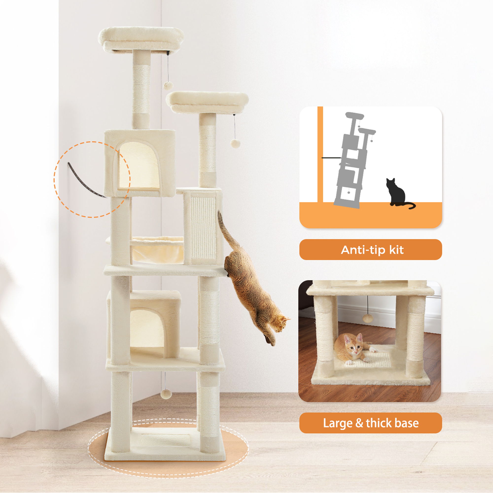 Pefilos 70" Large Cat Tree for Indoor Cats, Multi-Level Cat Tower Cat Scratching Post with 2 Perches, 2 Condos, Hammock and 2 Pompoms, Beige Pefilos 70" Large Cat Tree for Indoor Cats, Multi-Level Cat Tower Cat Scratching Post with 2 Perches, 2 Condos, Hammock and 2 Pompoms, Beige