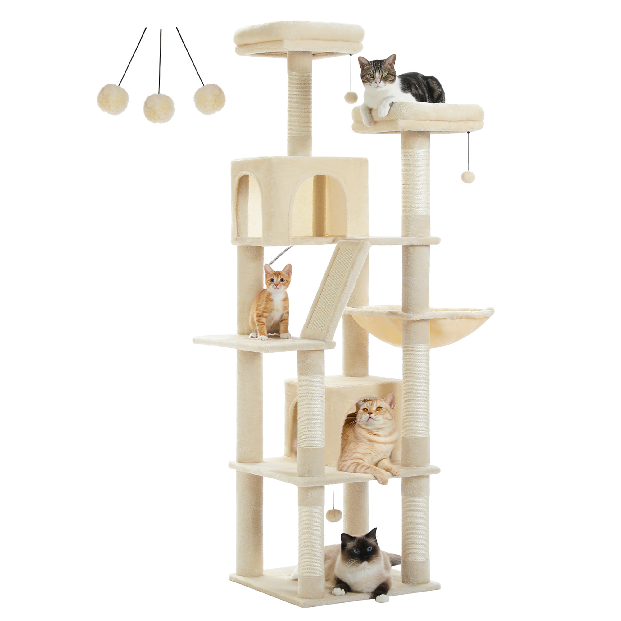 Pefilos 70" Large Cat Tree for Indoor Cats, Multi-Level Cat Tower Cat Scratching Post with 2 Perches, 2 Condos, Hammock and 2 Pompoms, Beige