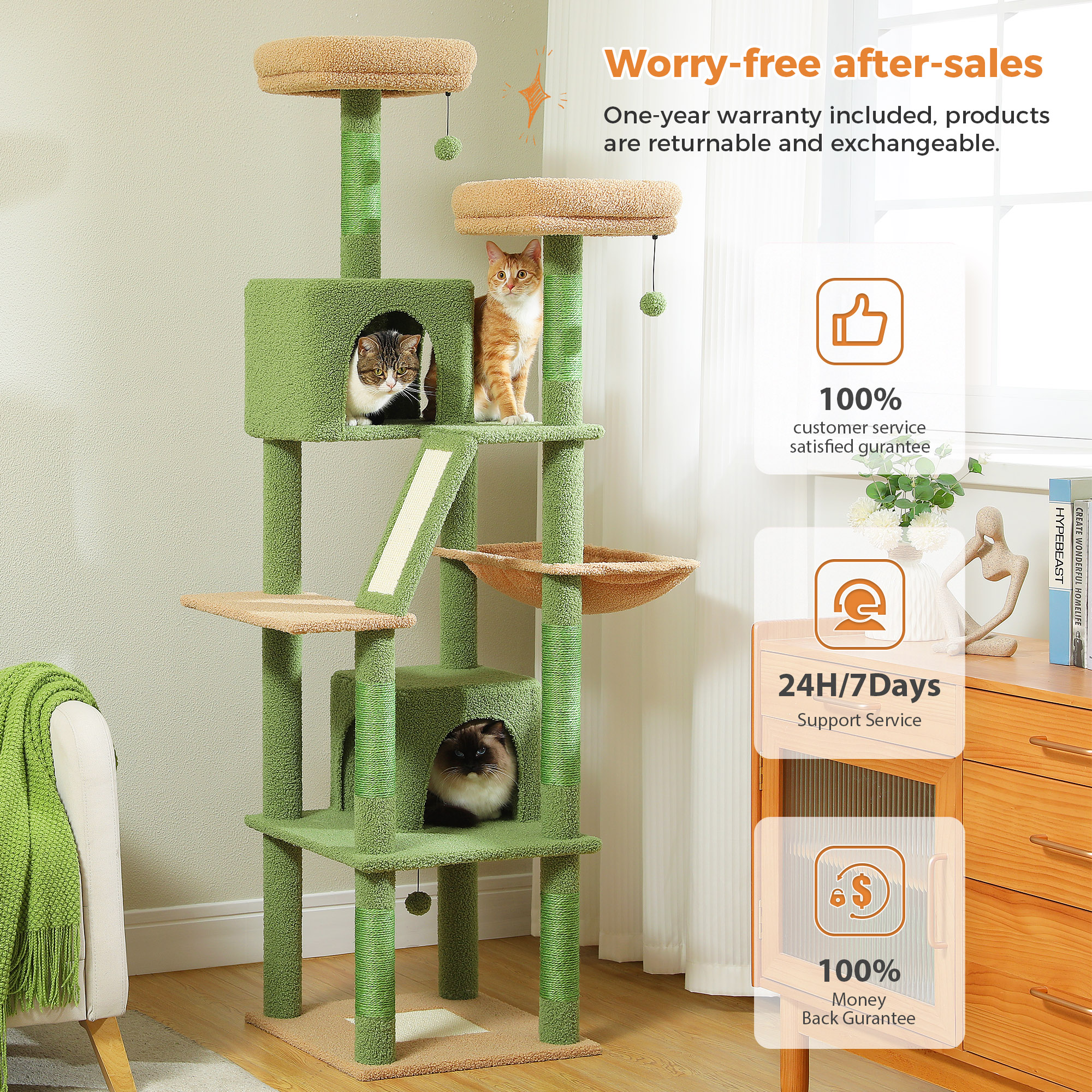 Pefilos 70" Large Cat Tree for Indoor Cats, Multi-Level Cat Tower Cat Scratching Post with 2 Perches, 2 Condos, Hammock and 2 Pompoms, Green