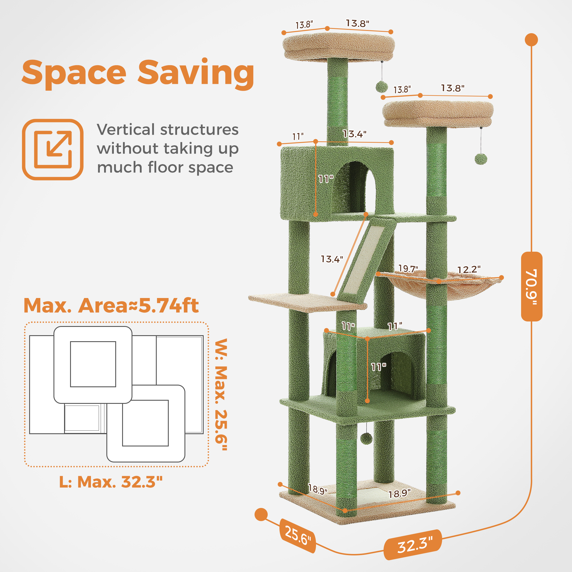 Pefilos 70" Large Cat Tree for Indoor Cats, Multi-Level Cat Tower Cat Scratching Post with 2 Perches, 2 Condos, Hammock and 2 Pompoms, Green