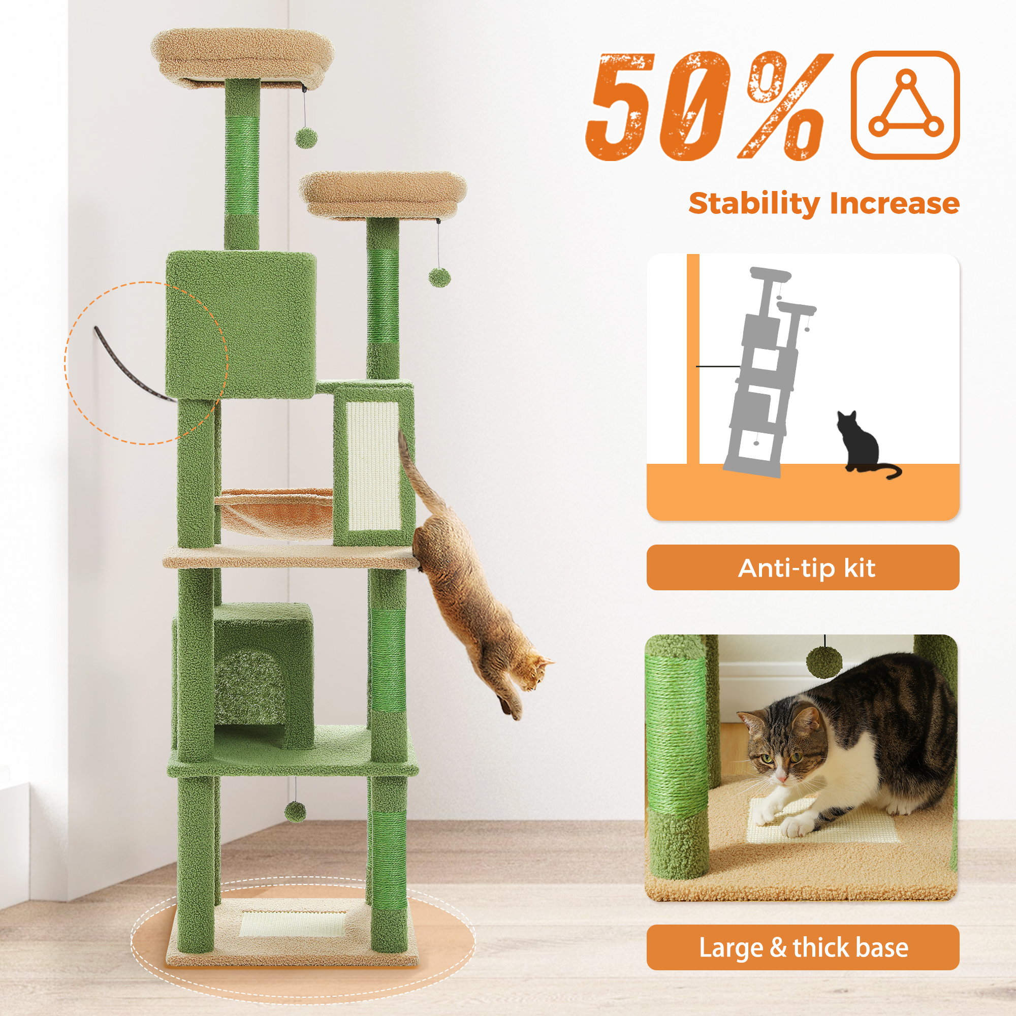 Pefilos 70" Large Cat Tree for Indoor Cats, Multi-Level Cat Tower Cat Scratching Post with 2 Perches, 2 Condos, Hammock and 2 Pompoms, Green