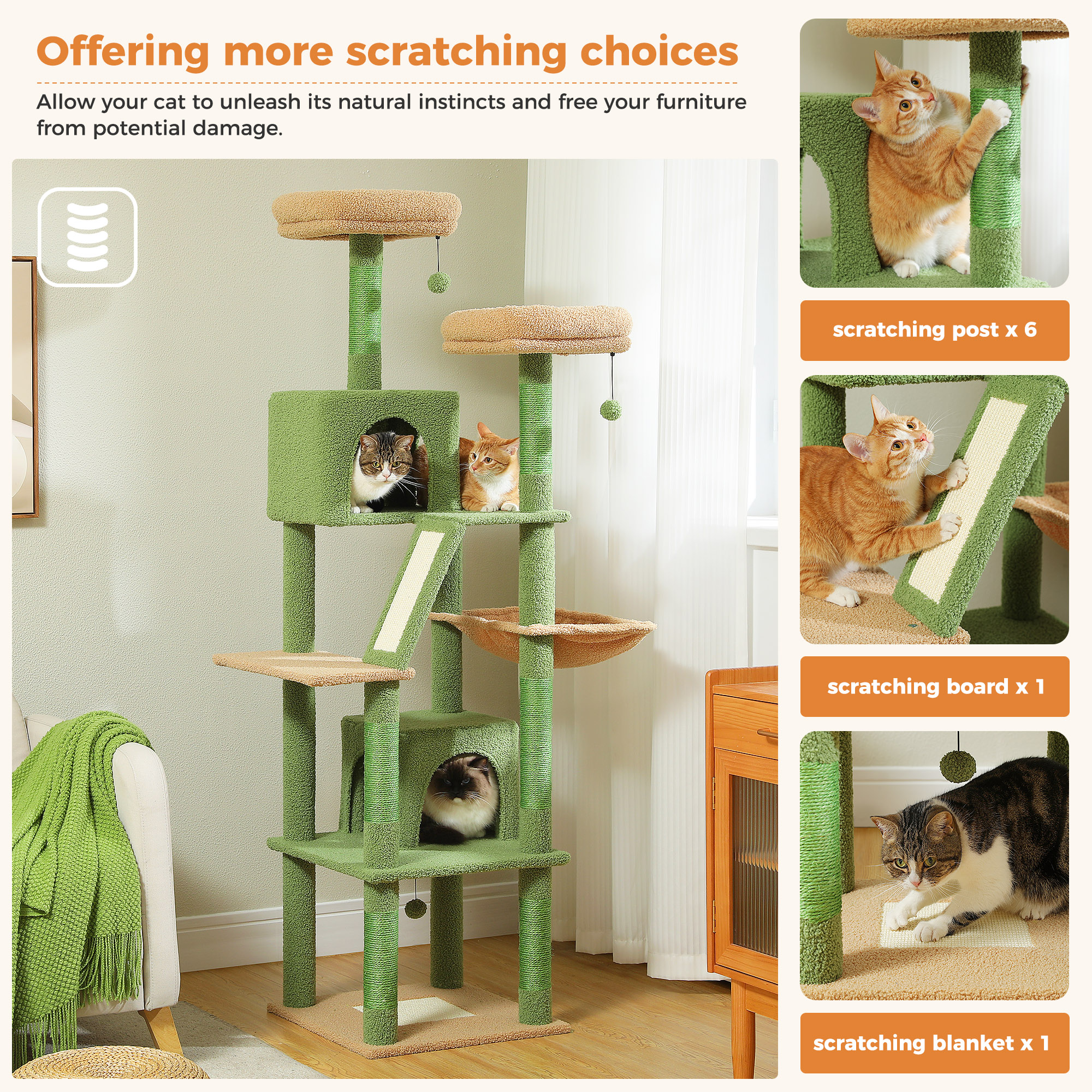 Pefilos 70" Large Cat Tree for Indoor Cats, Multi-Level Cat Tower Cat Scratching Post with 2 Perches, 2 Condos, Hammock and 2 Pompoms, Green