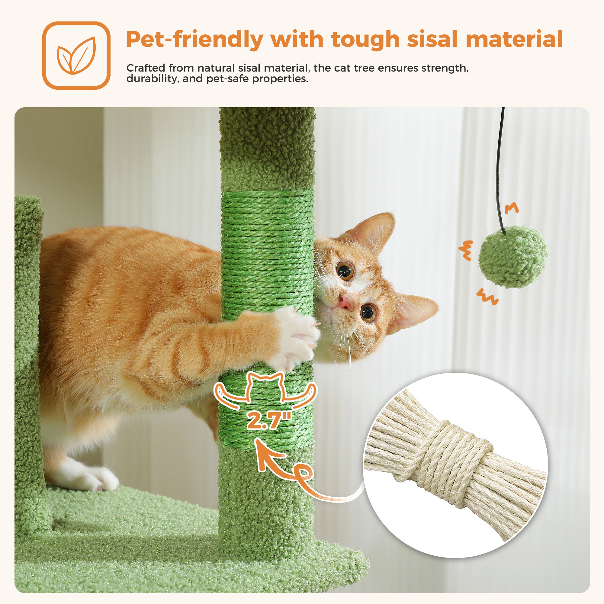 Pefilos 70" Large Cat Tree for Indoor Cats, Multi-Level Cat Tower Cat Scratching Post with 2 Perches, 2 Condos, Hammock and 2 Pompoms, Green