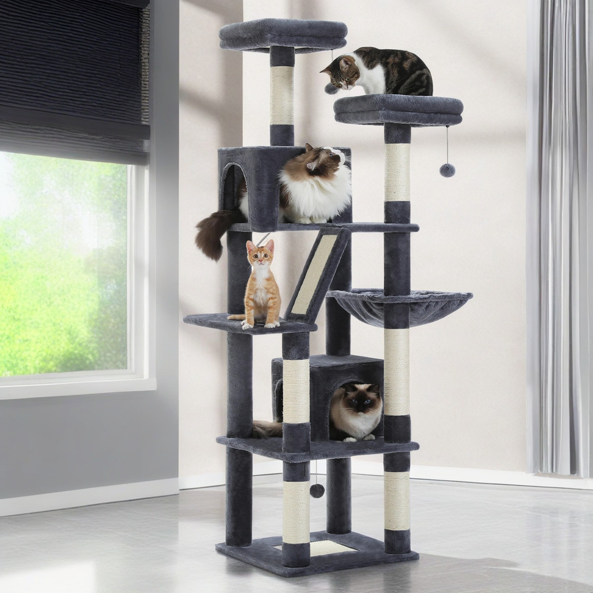 Pefilos 70" Large Cat Tree for Indoor Cats, Multi-Level Cat Tower Cat Scratching Post with 2 Perches, 2 Condos, Hammock and 2 Pompoms, Dark Gray