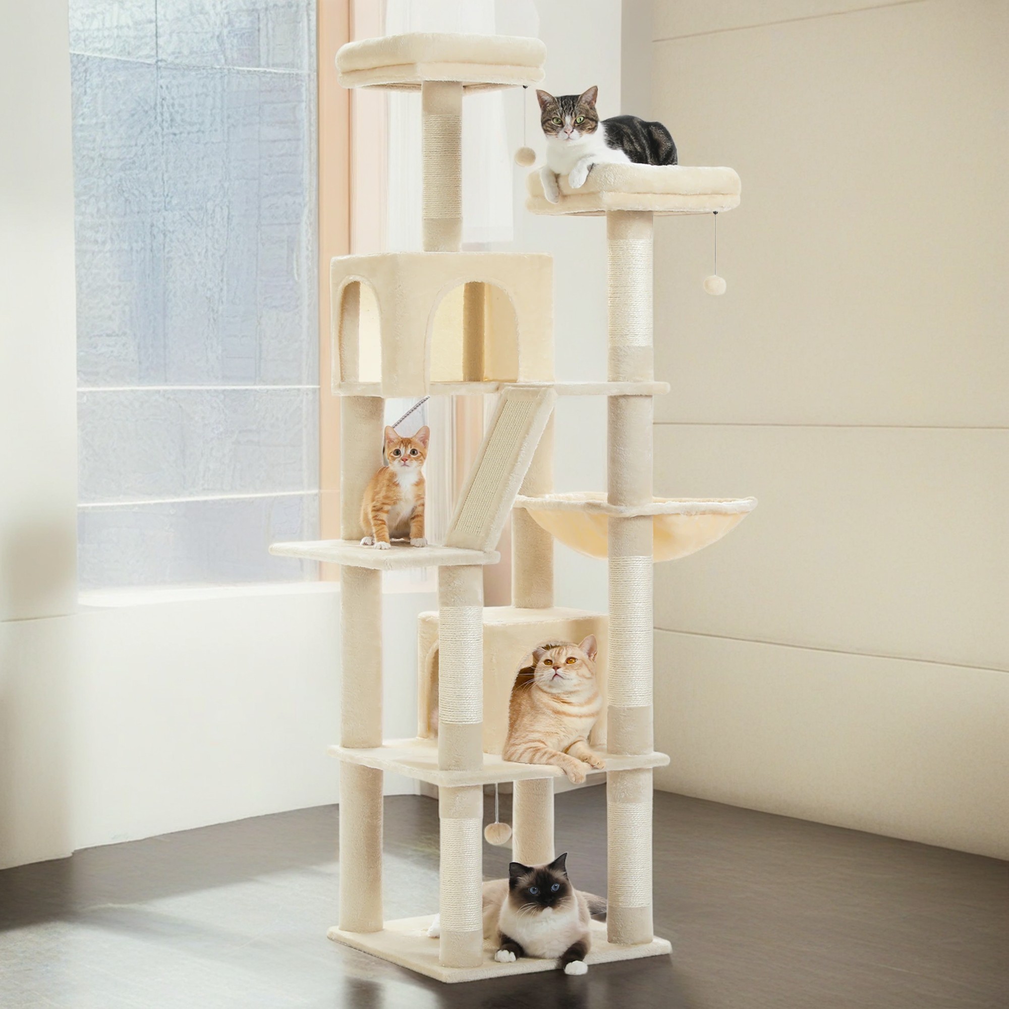 Pefilos 70" Large Cat Tree for Indoor Cats, Multi-Level Cat Tower Cat Scratching Post with 2 Perches, 2 Condos, Hammock and 2 Pompoms, Beige