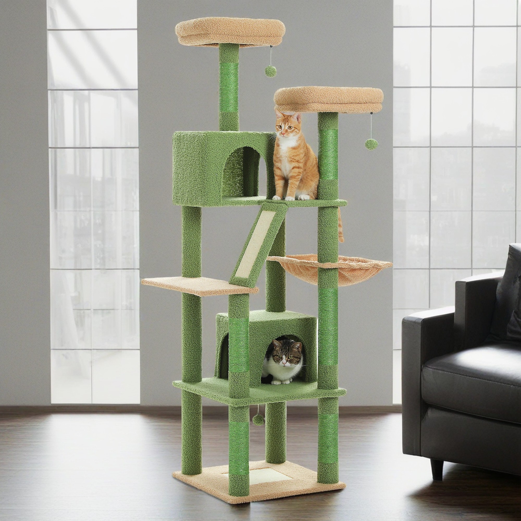 Pefilos 70" Large Cat Tree for Indoor Cats, Multi-Level Cat Tower Cat Scratching Post with 2 Perches, 2 Condos, Hammock and 2 Pompoms, Green