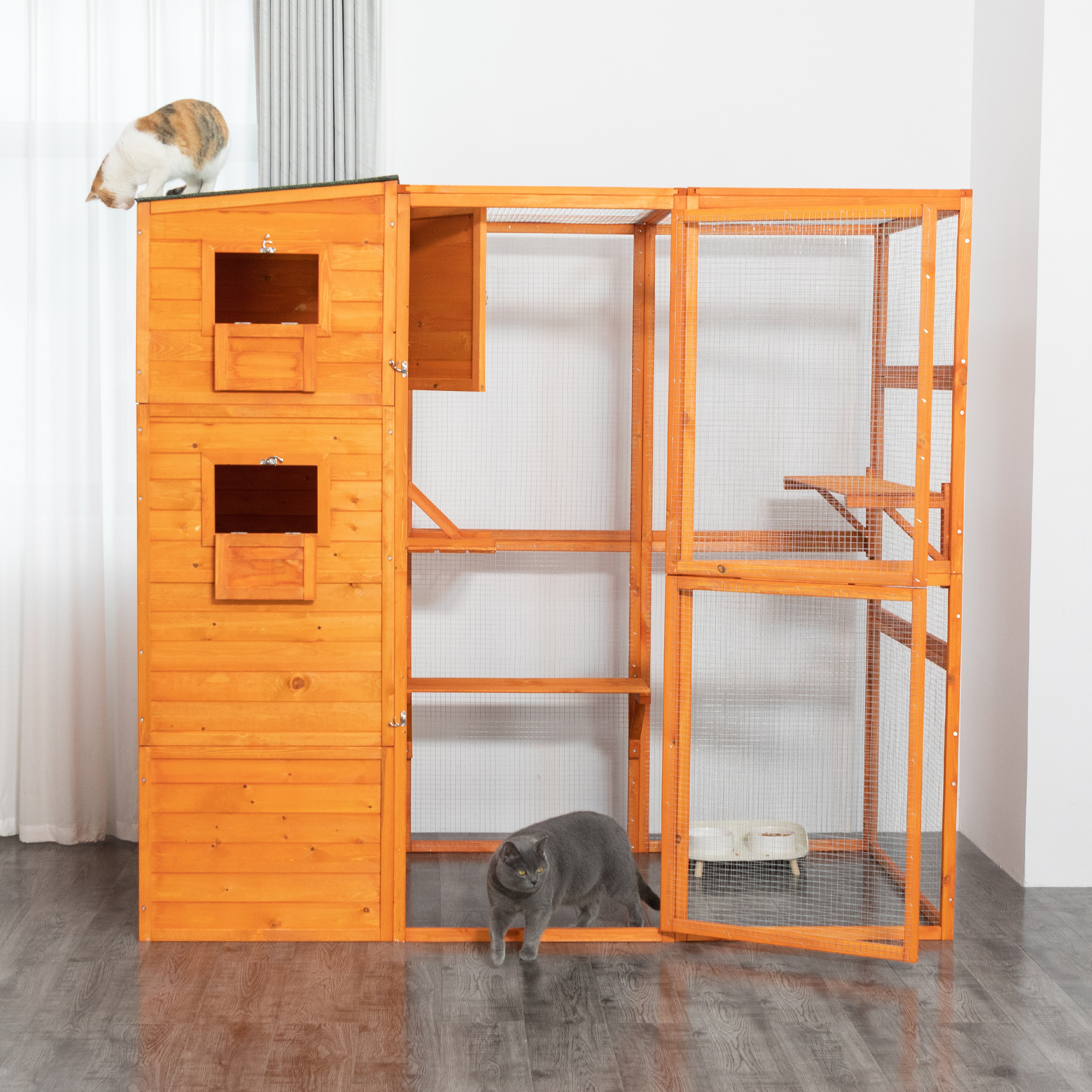 Pefilos 76" Outdoor Cat House for Large, Wood Kitty Catio Enclosure Cat Cage Condo Indoor with Platforms, Orange