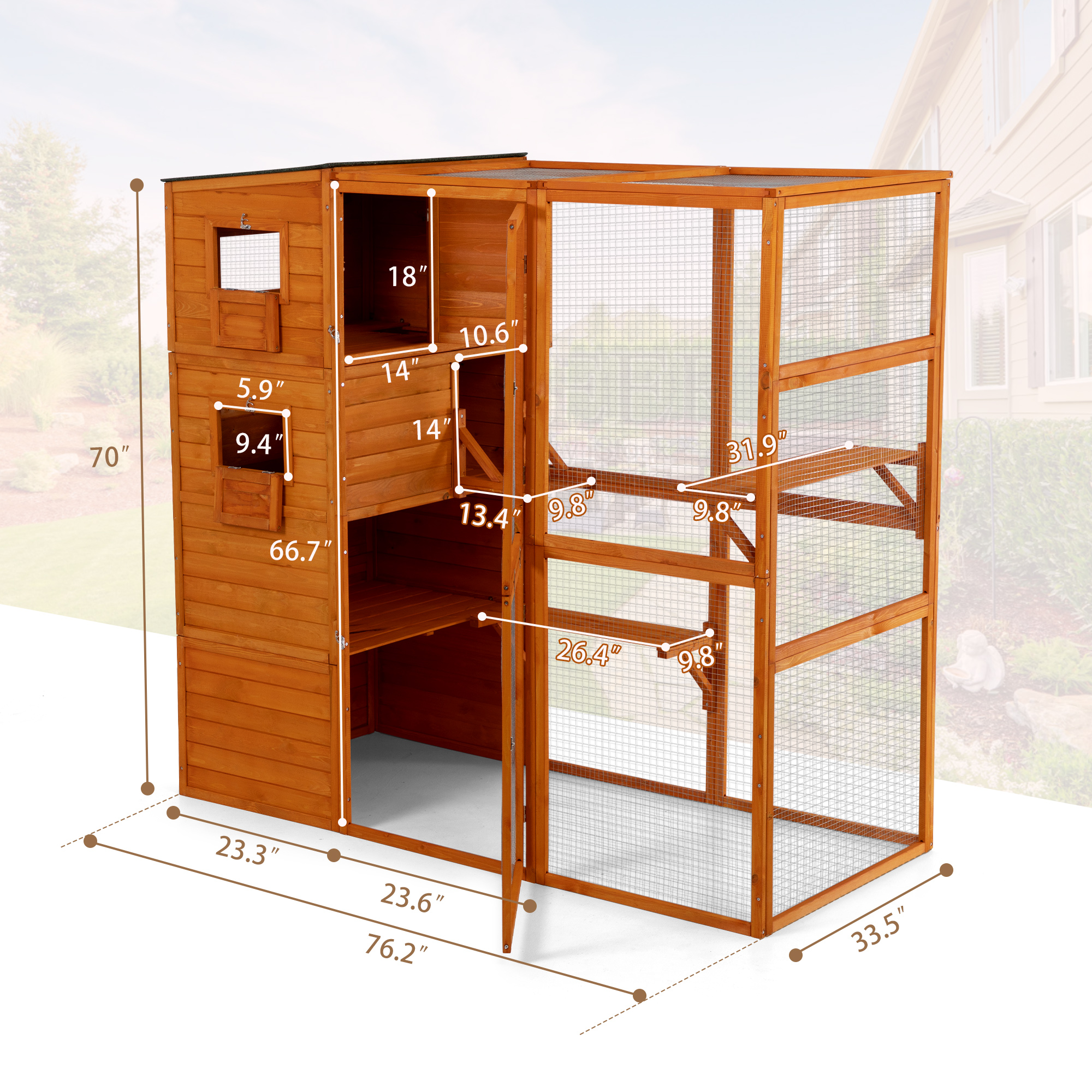 Pefilos 76" Outdoor Cat House for Large, Wood Kitty Catio Enclosure Cat Cage Condo Indoor with Platforms, Orange