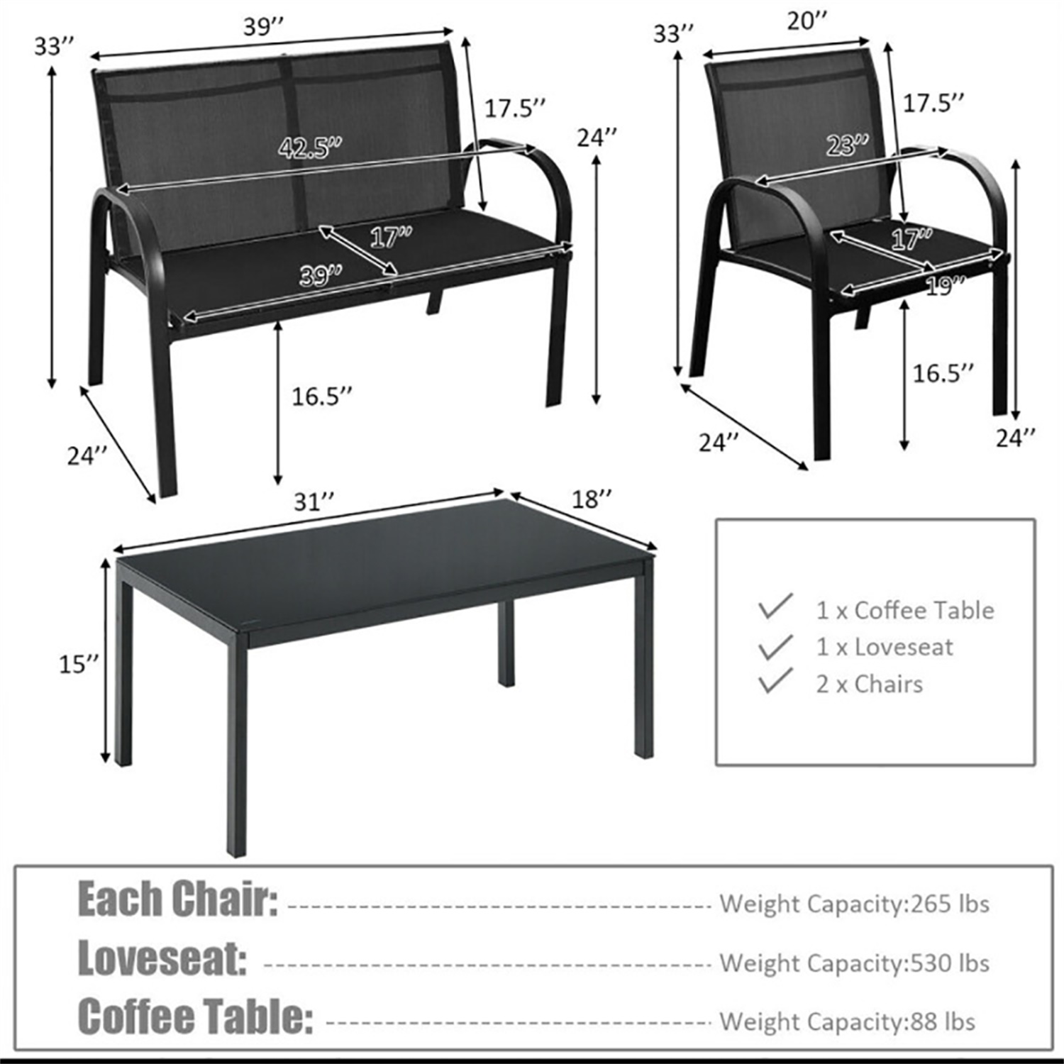 Aimee Lii 4 Pieces Patio Furniture Set with Glass Top Coffee Table, Outdoor Patio Set