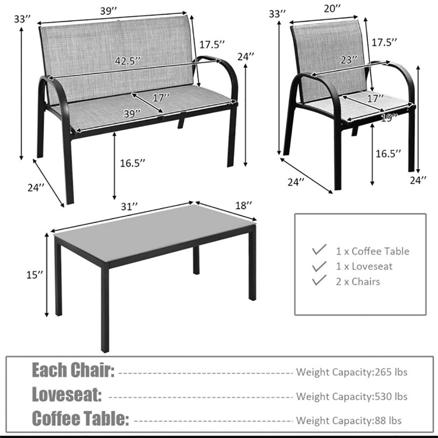 Aimee Lii 4 Pieces Patio Furniture Set with Glass Top Coffee Table, Outdoor Patio Set