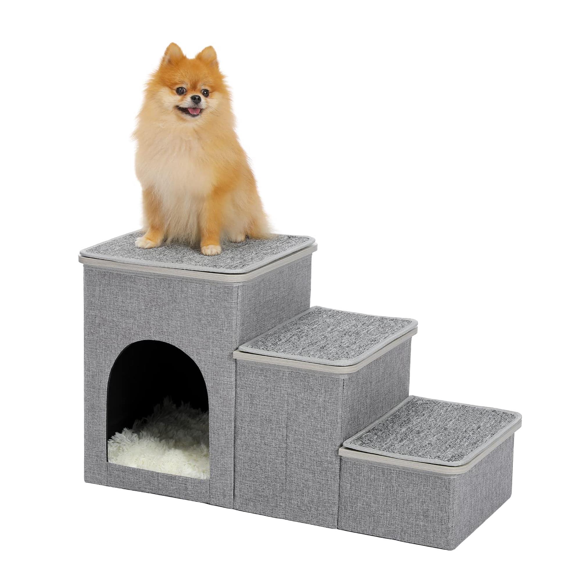 Pefilos 27" 3-Step Pets Dog Stairs for Beds, Pet Cat Steps for Couch, Small Dog Kitten Ladder, Pet Ramp with Perch and Storage Box, Gray