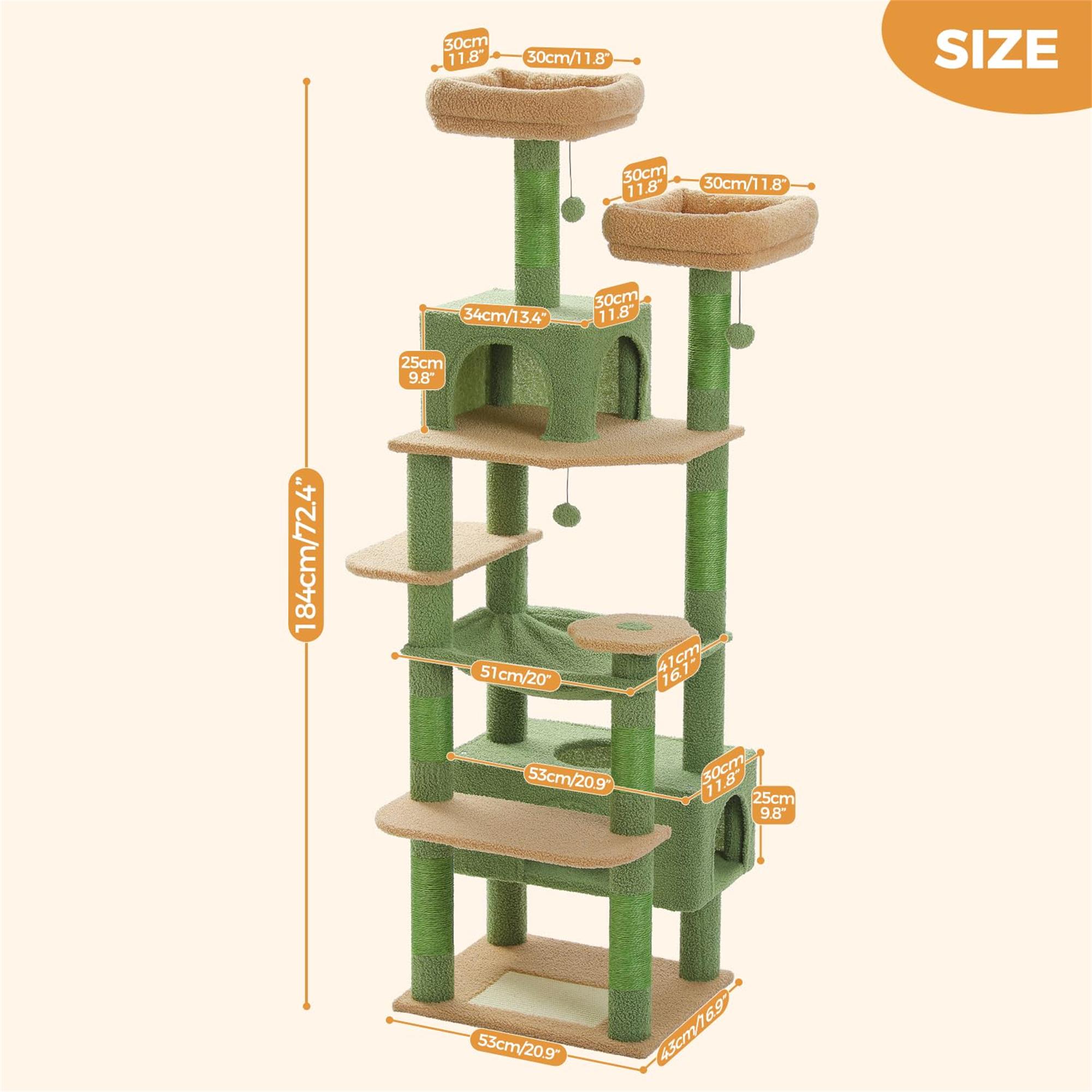 Pefilos 72" Large Cat Tree Tower with Sisal Scratching Post, Indoor Cat Condo for Big Cat Maine Coon, Green