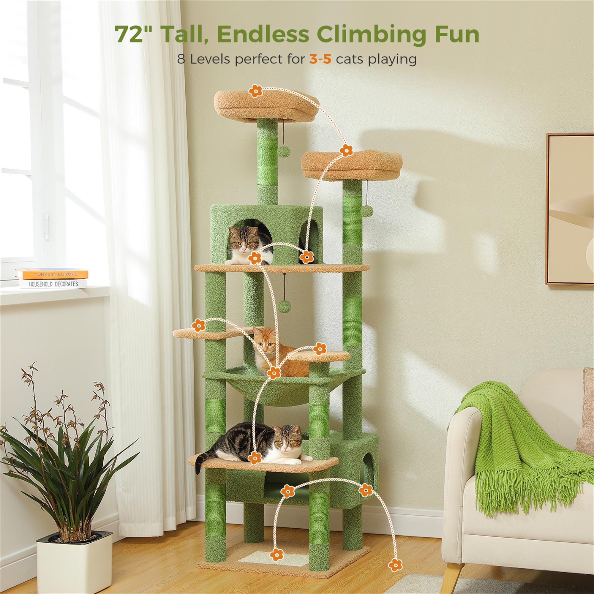 Pefilos 72" Large Cat Tree Tower with Sisal Scratching Post, Indoor Cat Condo for Big Cat Maine Coon, Green